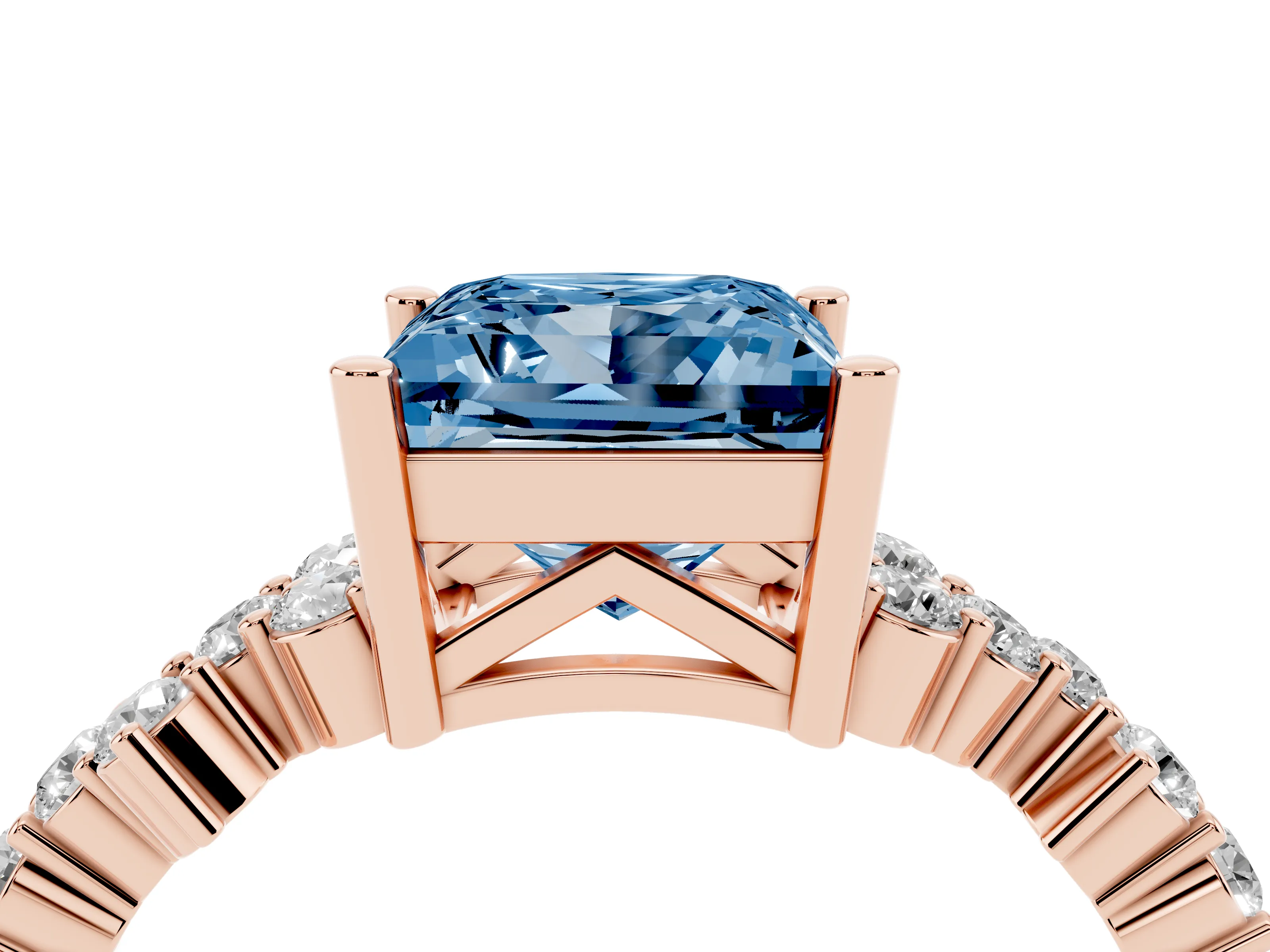Fancy Blue Princess Cut Diamond Ring Set in Rose gold with Scattered Round Accents