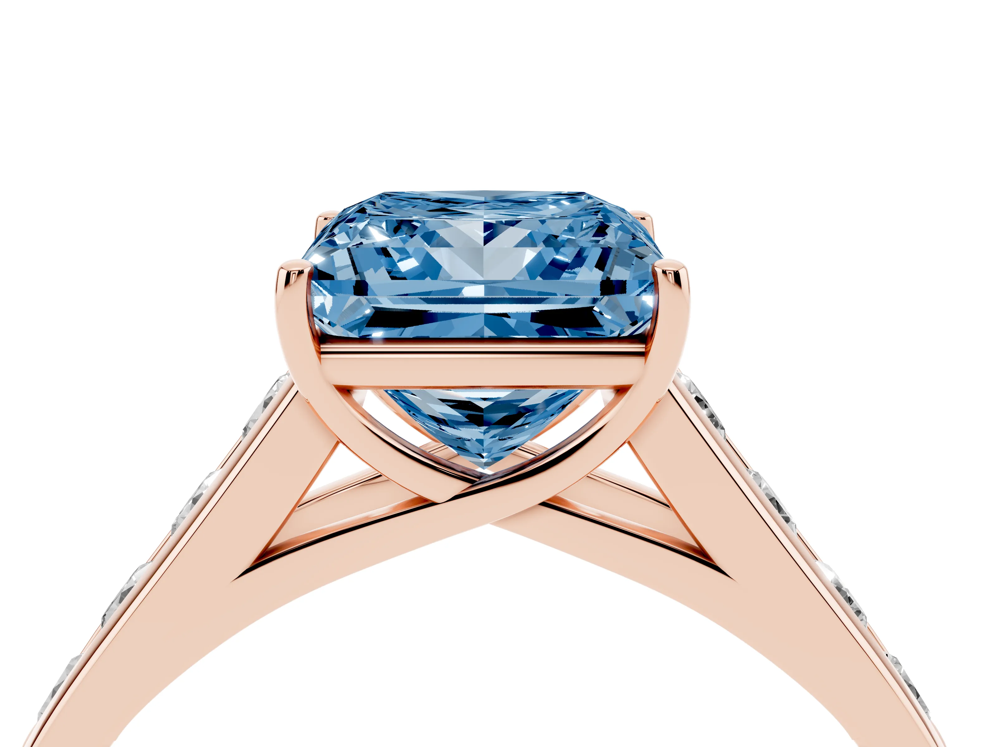 Fancy Blue Princess Cut Diamond Solitaire Channel-Set Engagement Ring Set in Rose gold with Prong Setting
