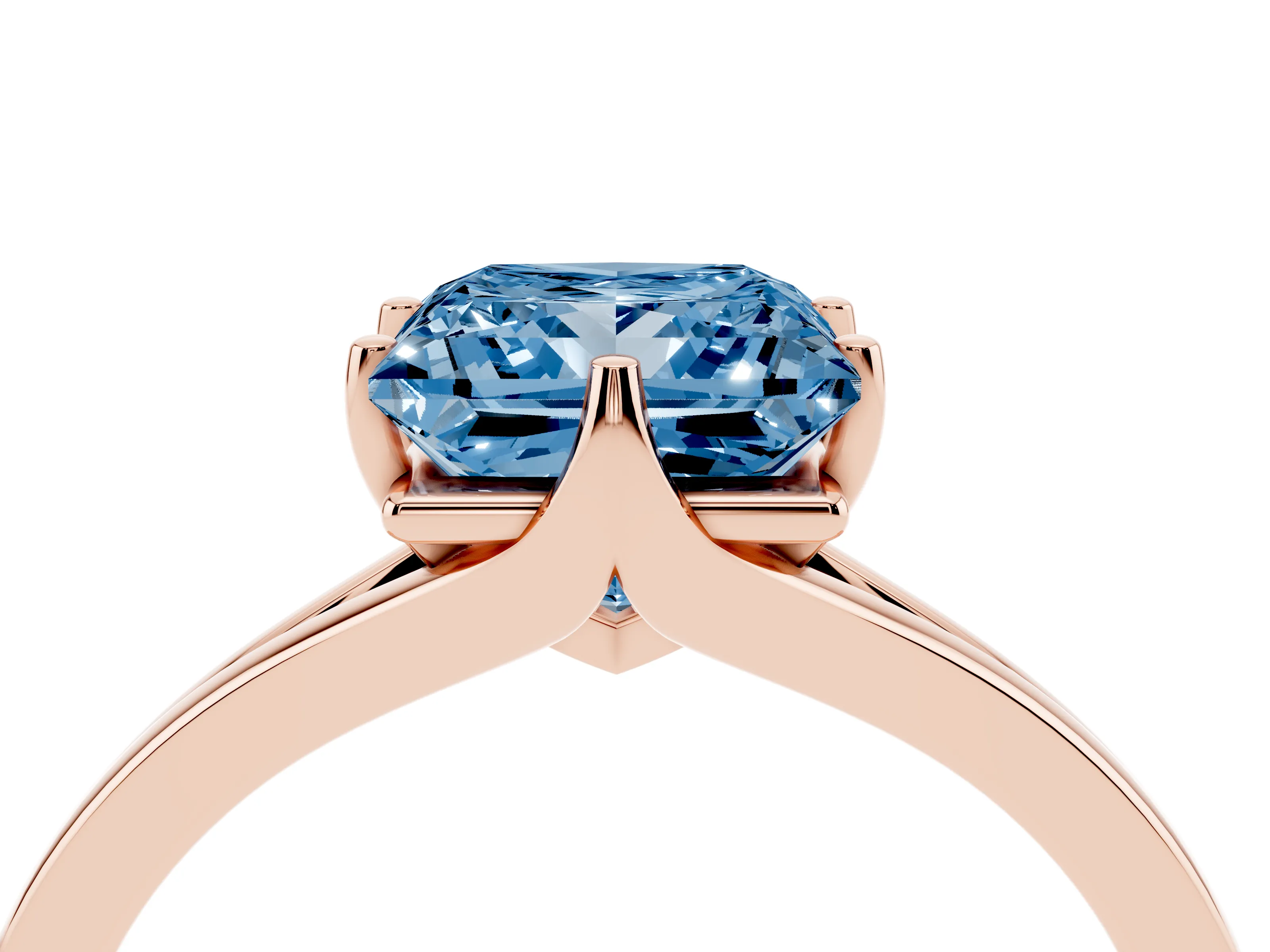 Fancy Blue Princess Cut Diamond Solitaire Ring Set in Rose gold with Polished Tapered Band and Prong Setting