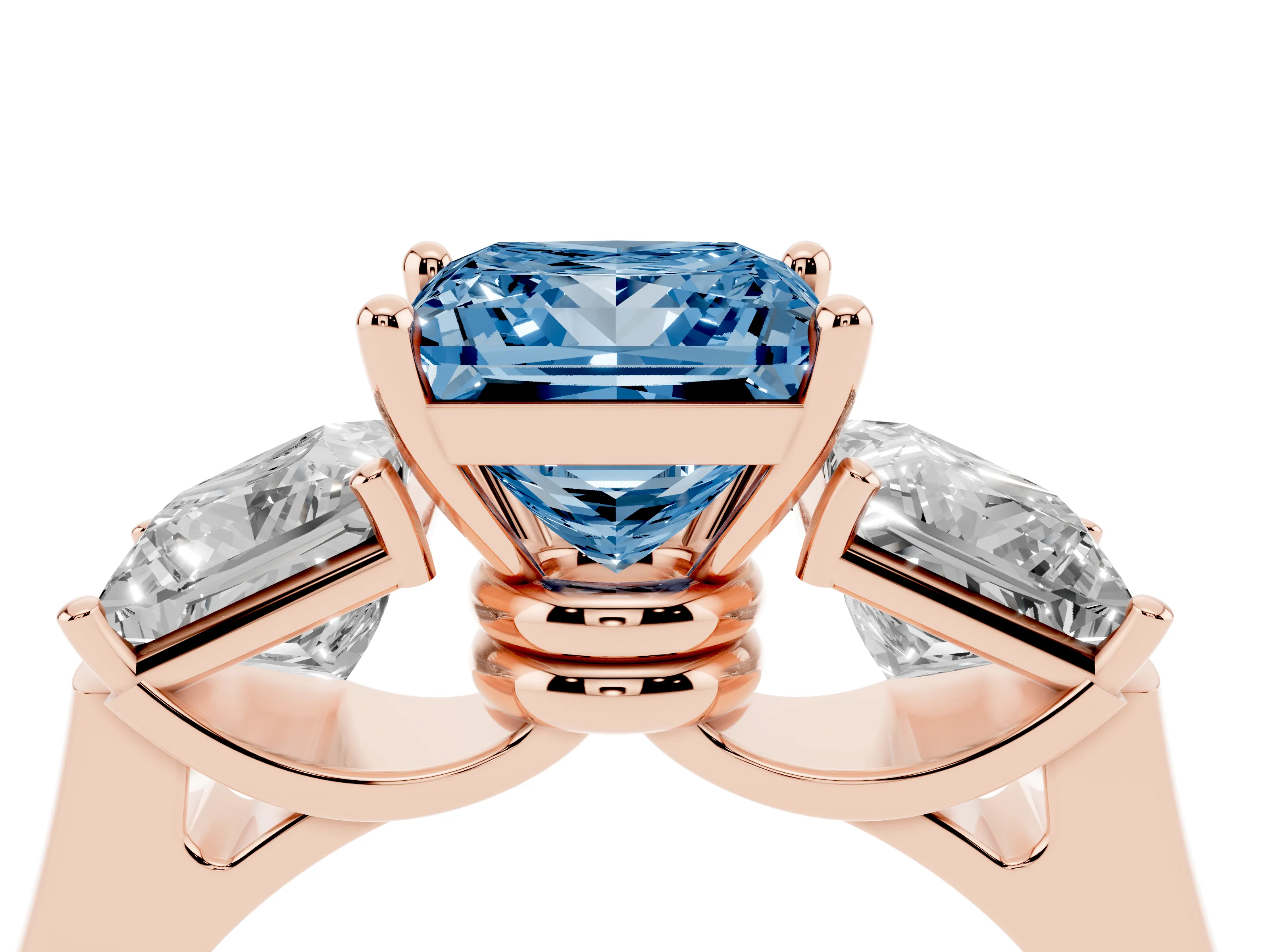 Fancy Blue Princess Cut Diamond Three-Stone Trellis Ring Set in Rose gold with Comfort Fit Band