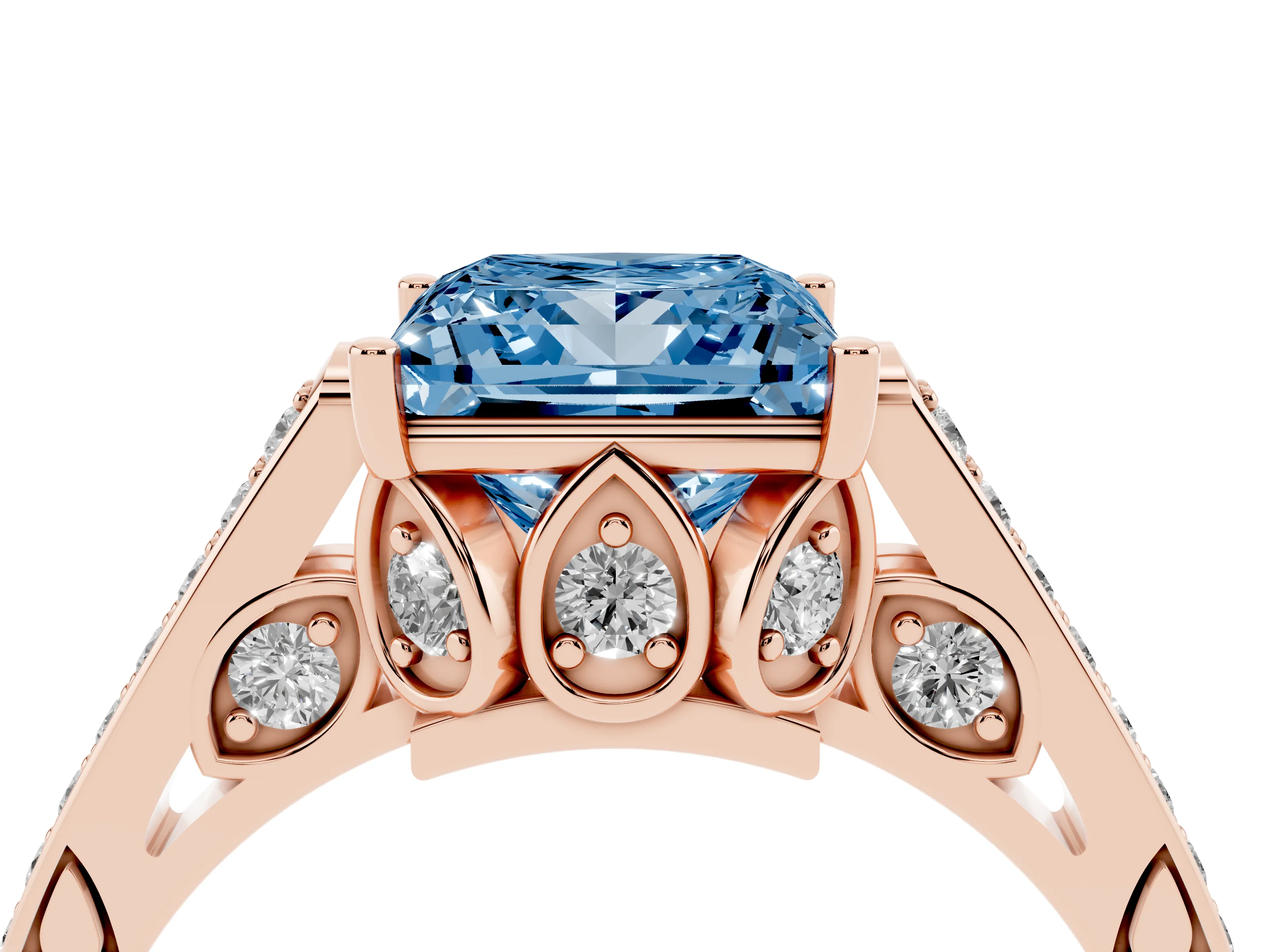 Fancy Blue Princess Cut Diamond Cathedral Pavé Engagement Ring Set in Rose gold with Prong Setting