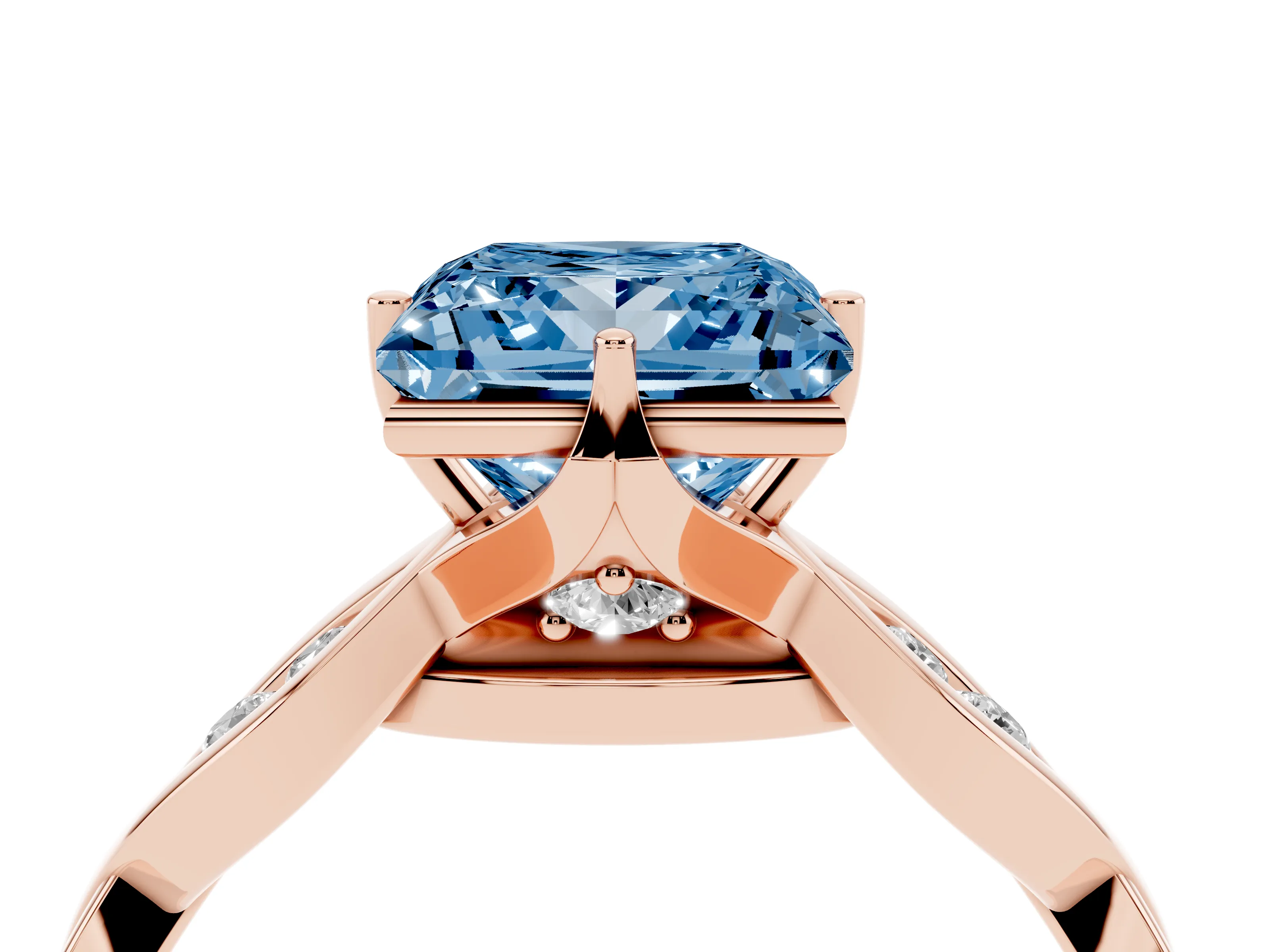 Fancy Blue Princess Cut Diamond Twist Band Solitaire Ring Set in Rose gold with Leaf Prong Setting and Accent Stones