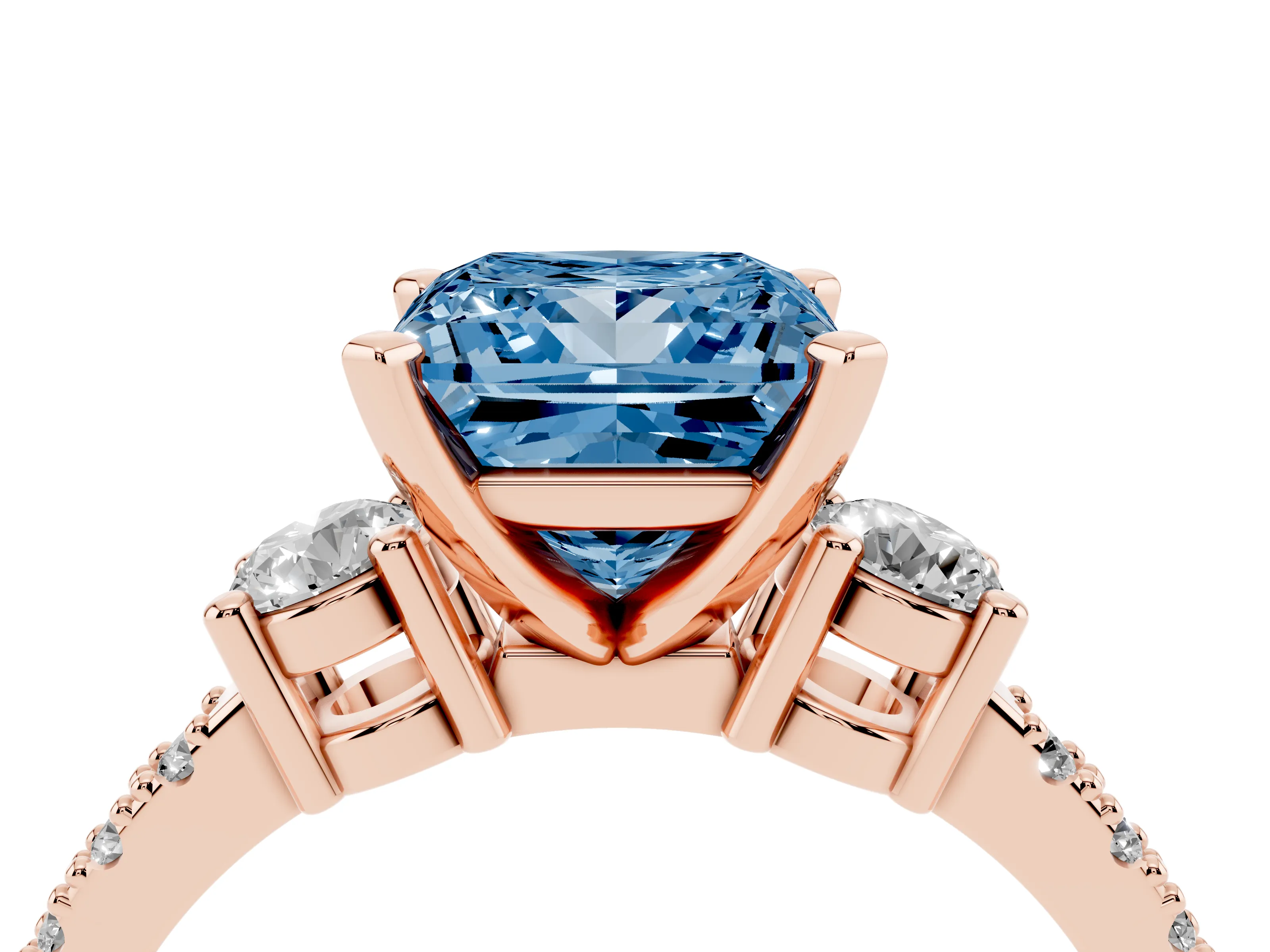 Fancy Blue Three-Stone Princess Cut Diamond Pavé Band Ring Set in Rose gold with Prong Setting