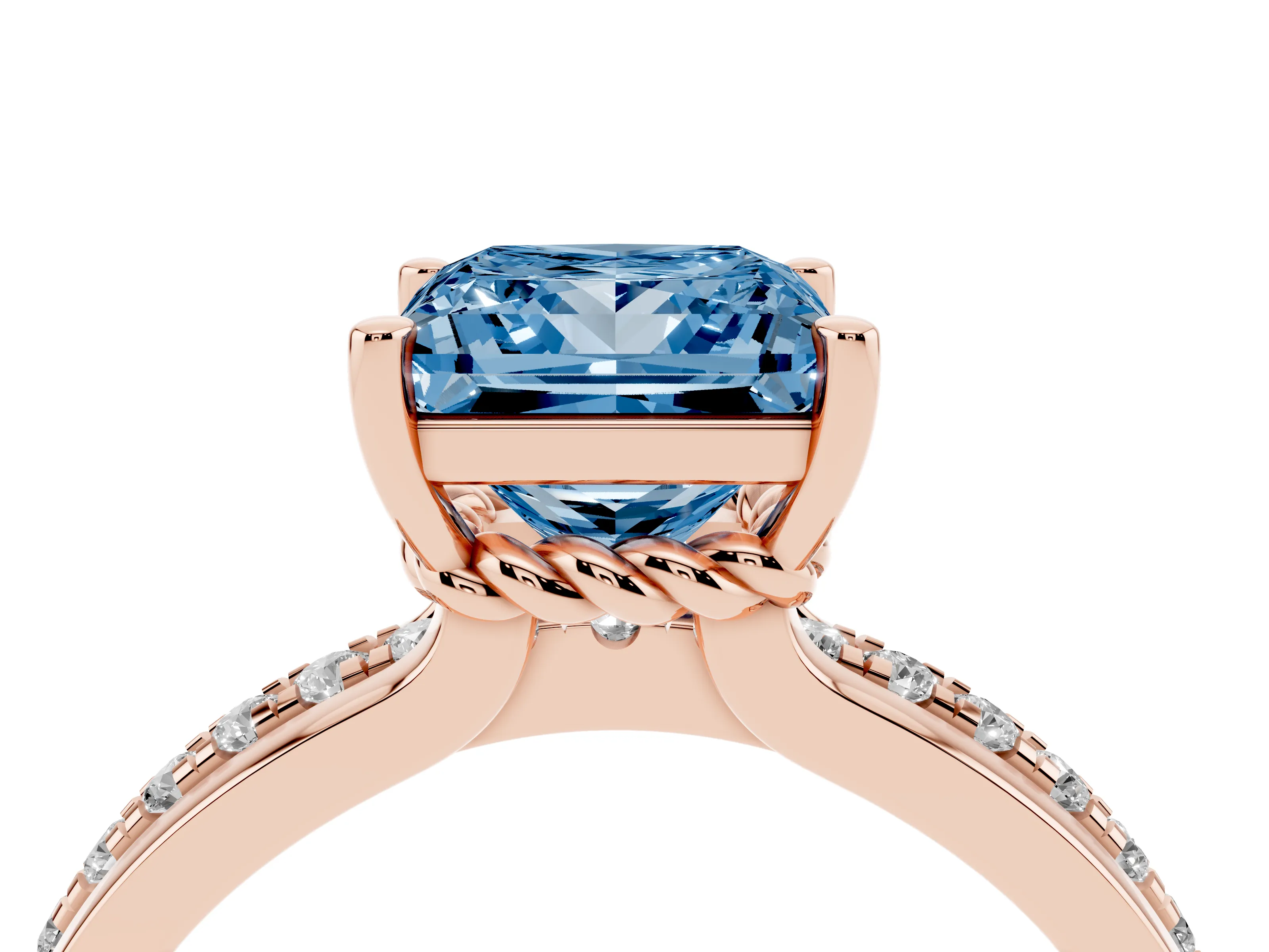 Fancy Blue Princess Cut Diamond Solitaire Ring Set in Rose gold with Channel Set Band and Prong Setting