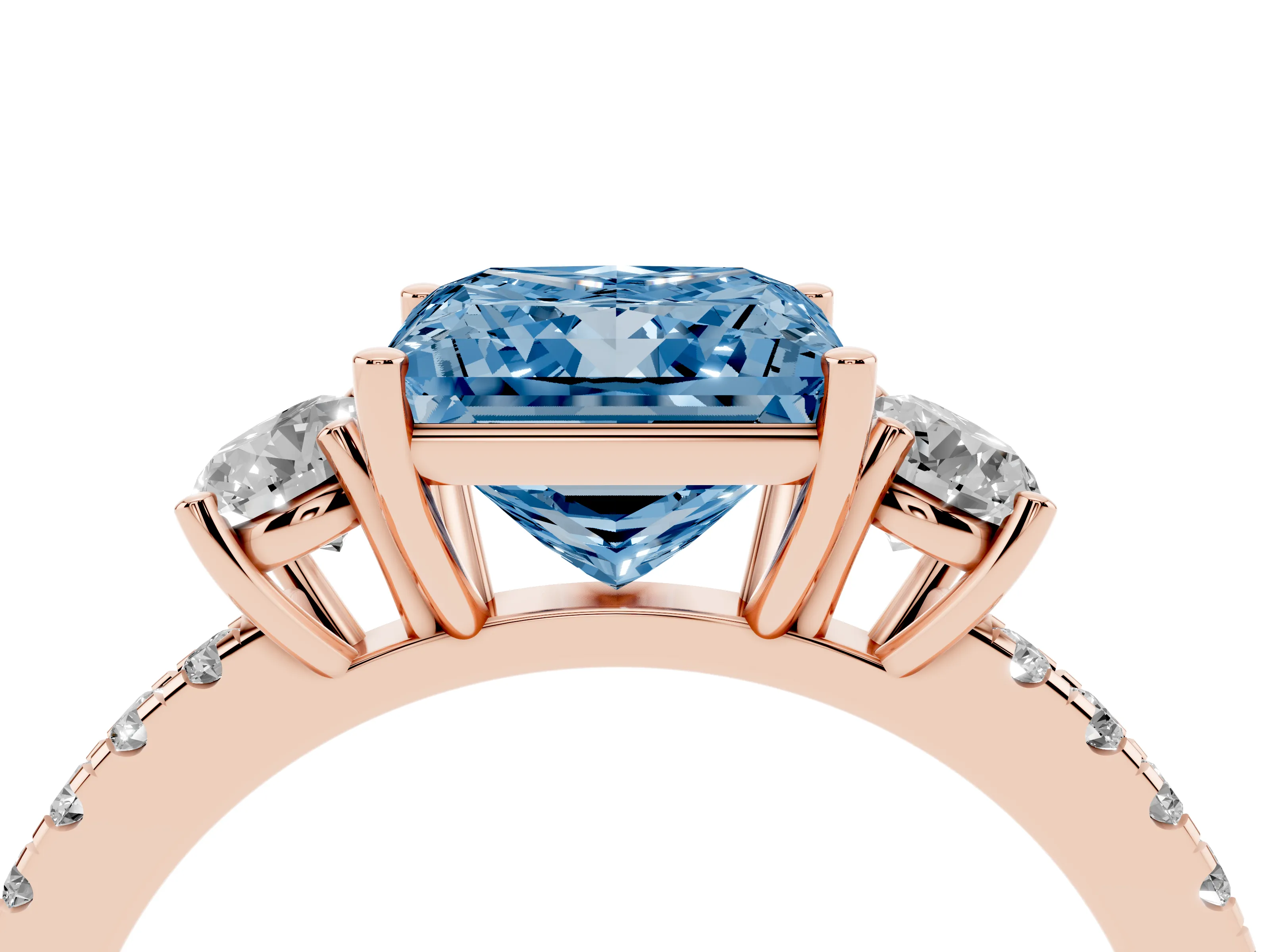 Fancy Blue Princess Cut Diamond Three-Stone Ring Set in Rose gold with Pavé Band and Graduated Sides