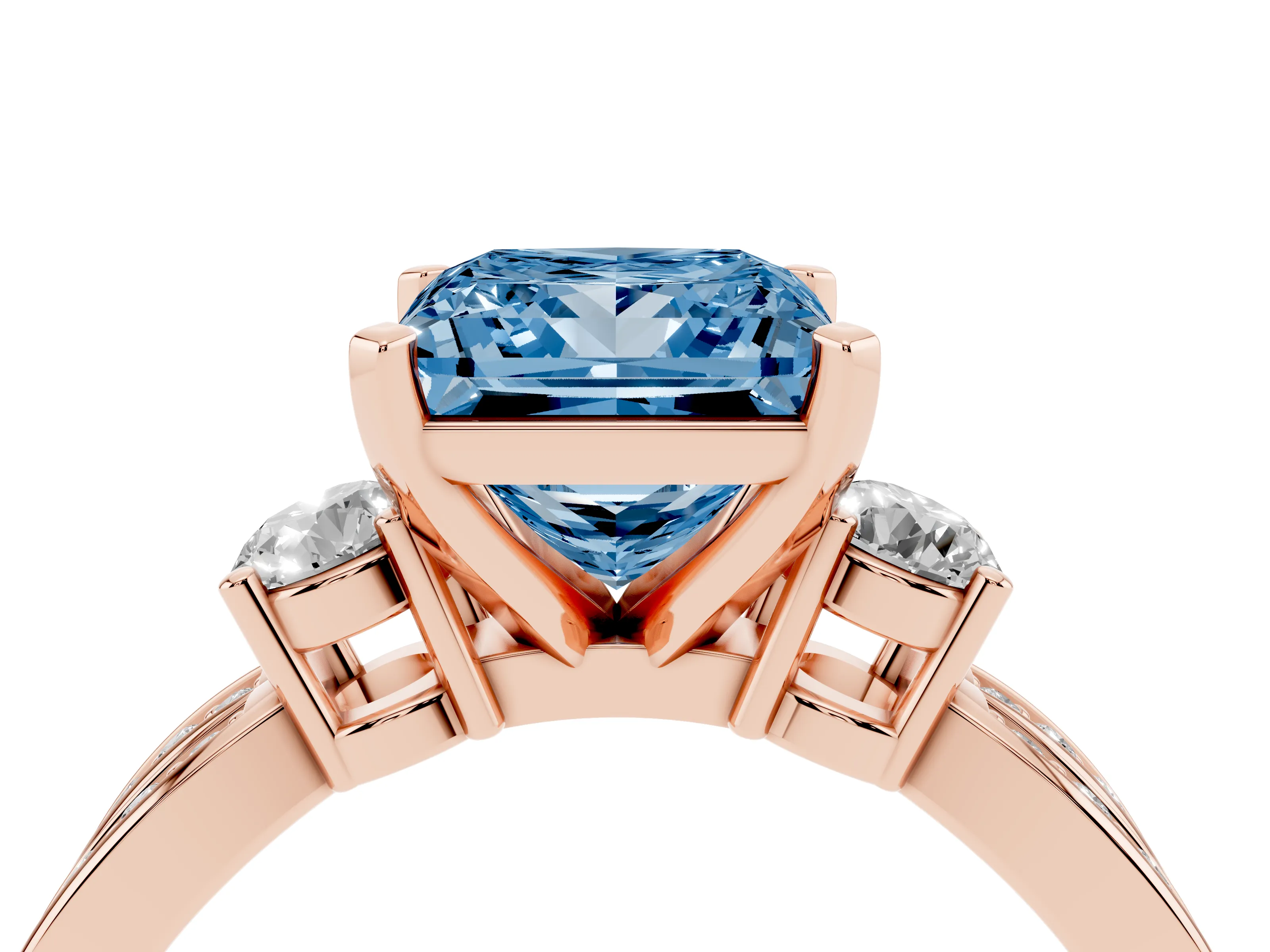 Fancy Blue Three-Stone Princess Cut Diamond Twist Band Ring Set in Rose gold with Pavé Accents and Prong Setting