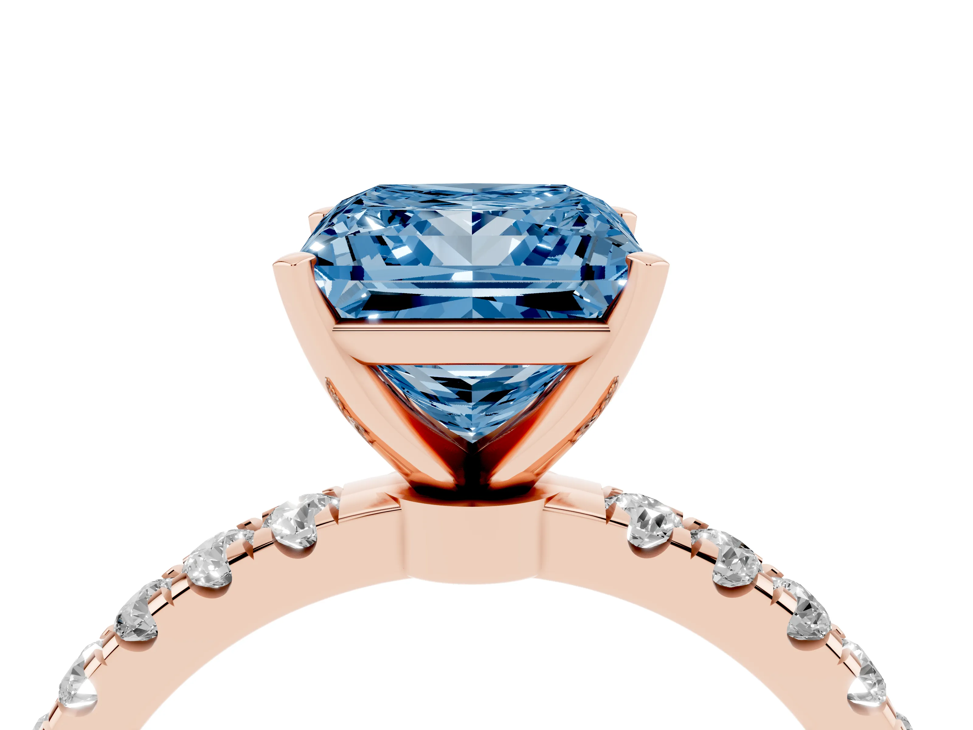 Fancy Blue Princess Cut Diamond Solitaire Ring Set in Rose gold with Pavé Accents and Prong Setting