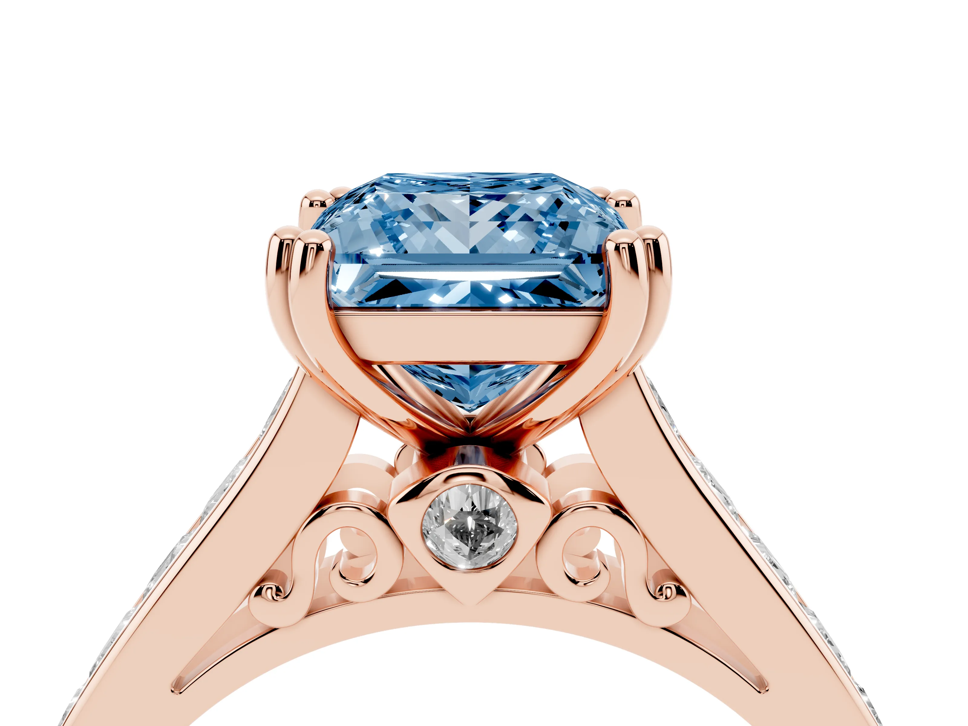 Fancy Blue Princess Cut Diamond Channel Set Solitaire Engagement Ring Set in Rose gold with Prong Setting