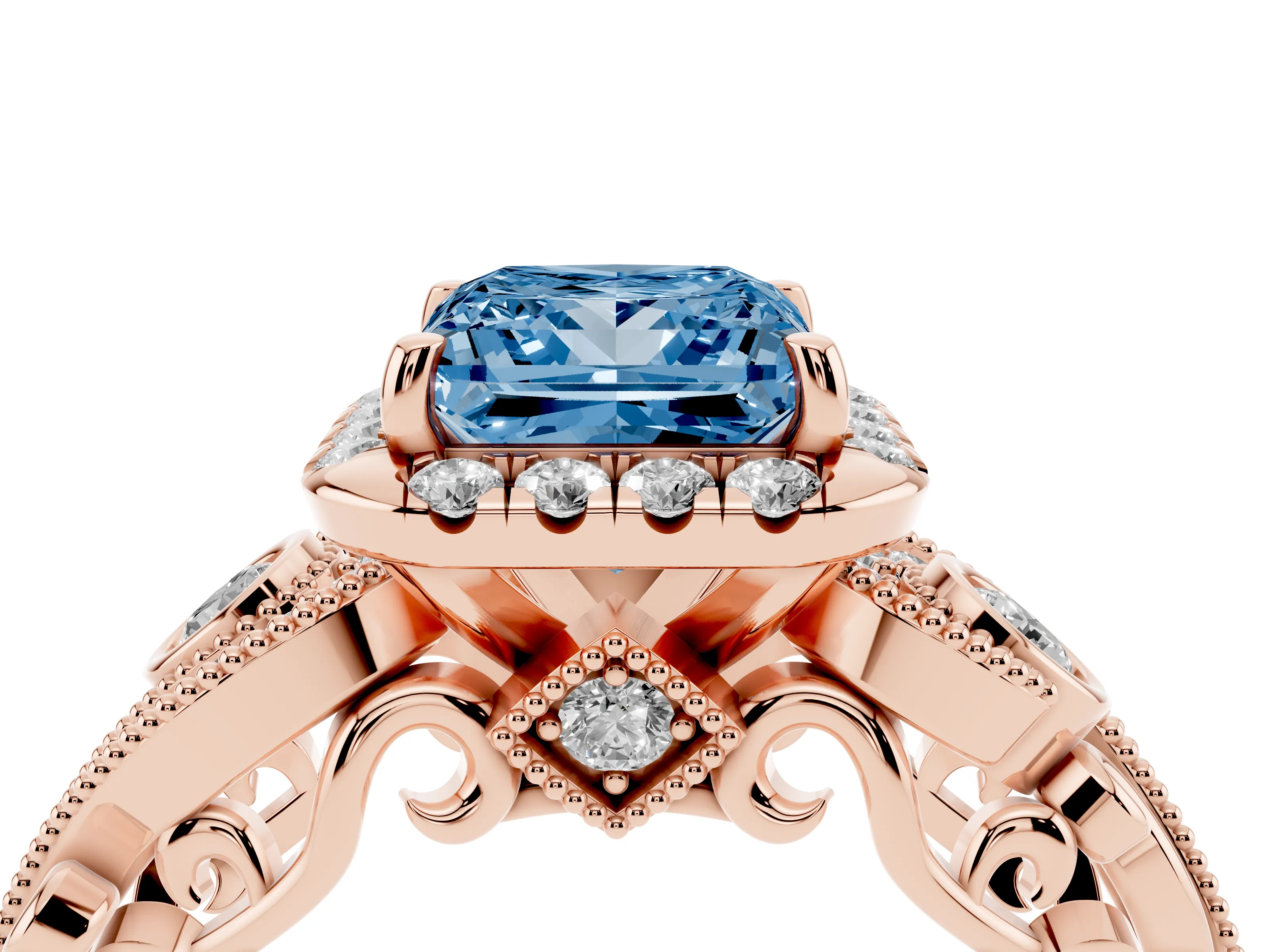 Fancy Blue Princess Cut Diamond Halo Ring Set in Rose gold with Milgrain Pavé Band and Prong Setting