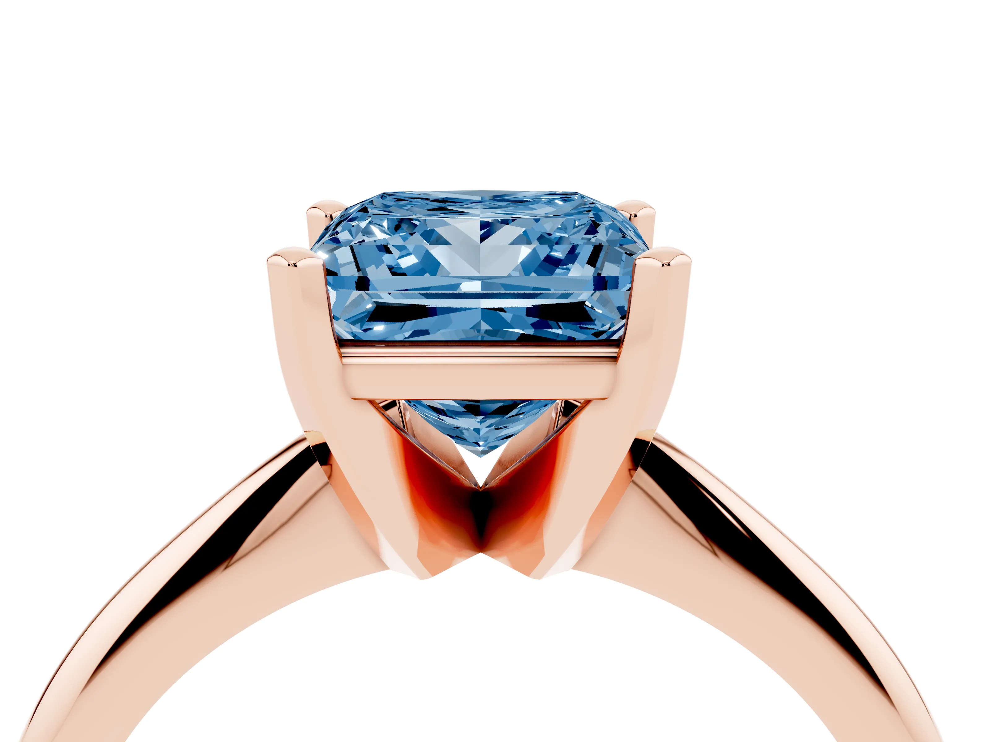Fancy Blue Princess Cut Diamond Solitaire Ring Set in Rose gold with Prong Setting on a Plain Round Band