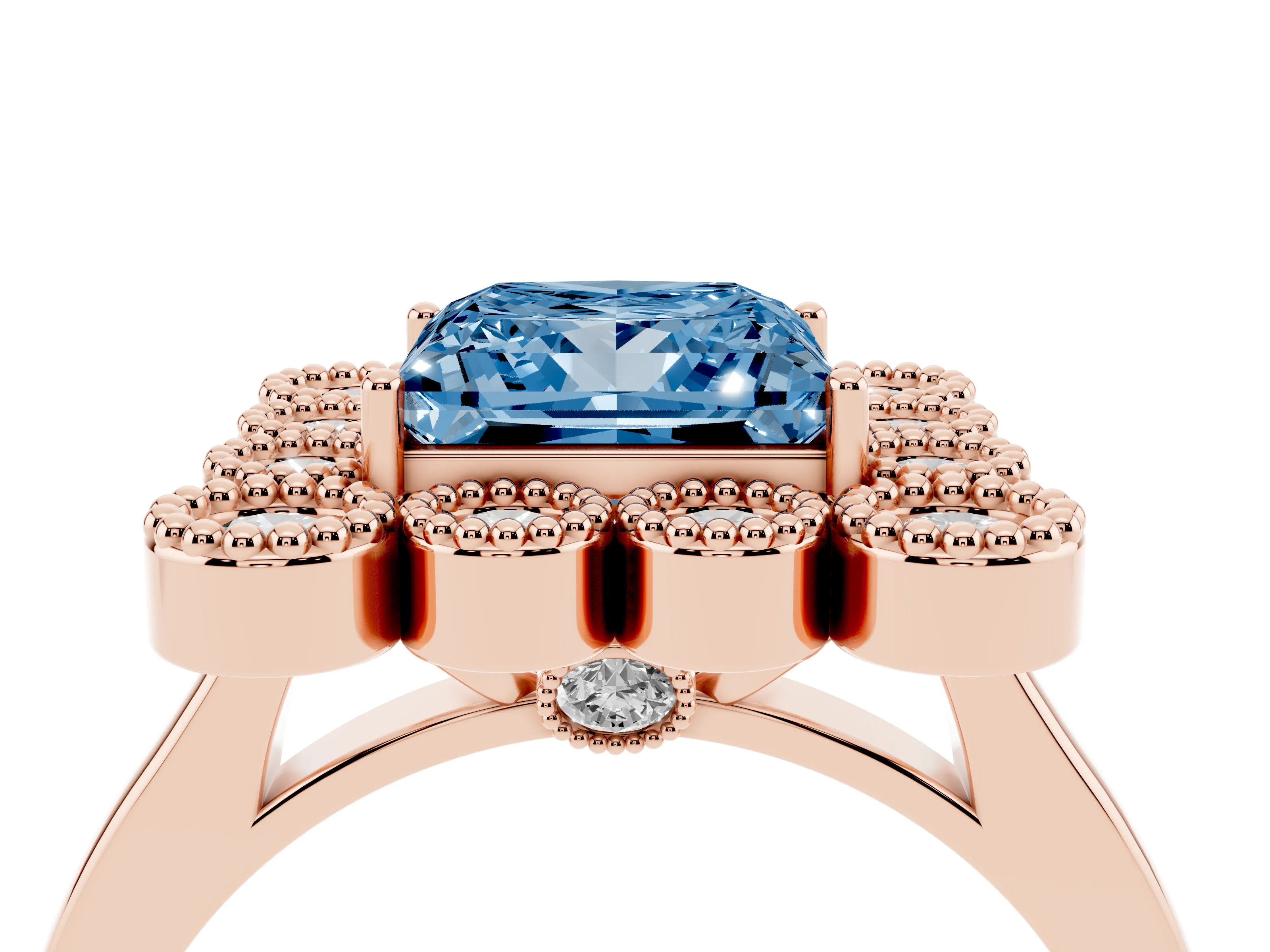 Fancy Blue Princess Cut Diamond Cluster Halo Ring Set in Rose gold with Milgrain Bezel Accents and Plain Band
