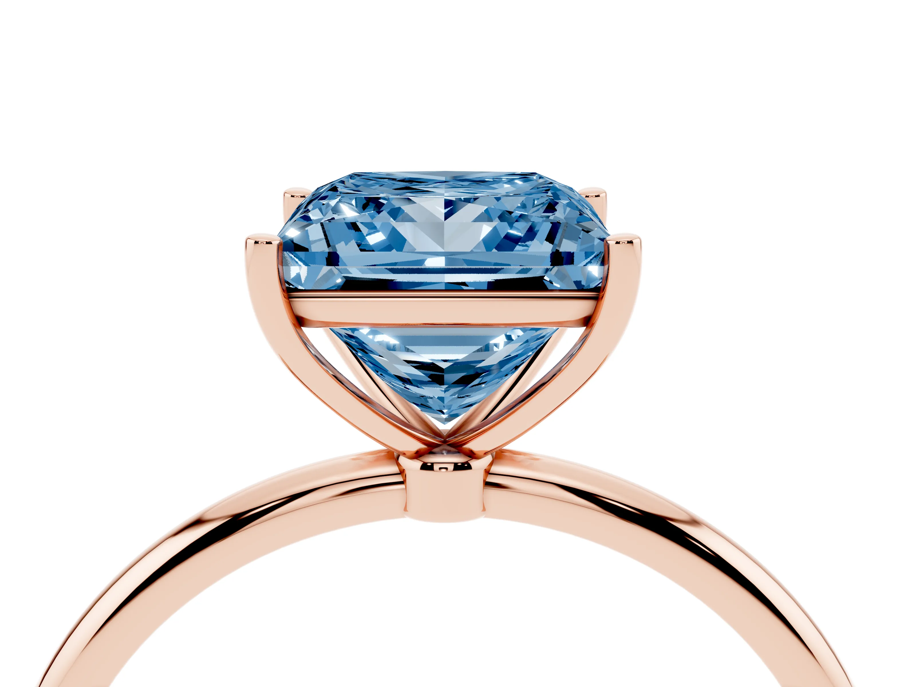 Fancy Blue Princess Cut Diamond Solitaire Engagement Ring Set in Rose gold with Thin Band and Prong Setting