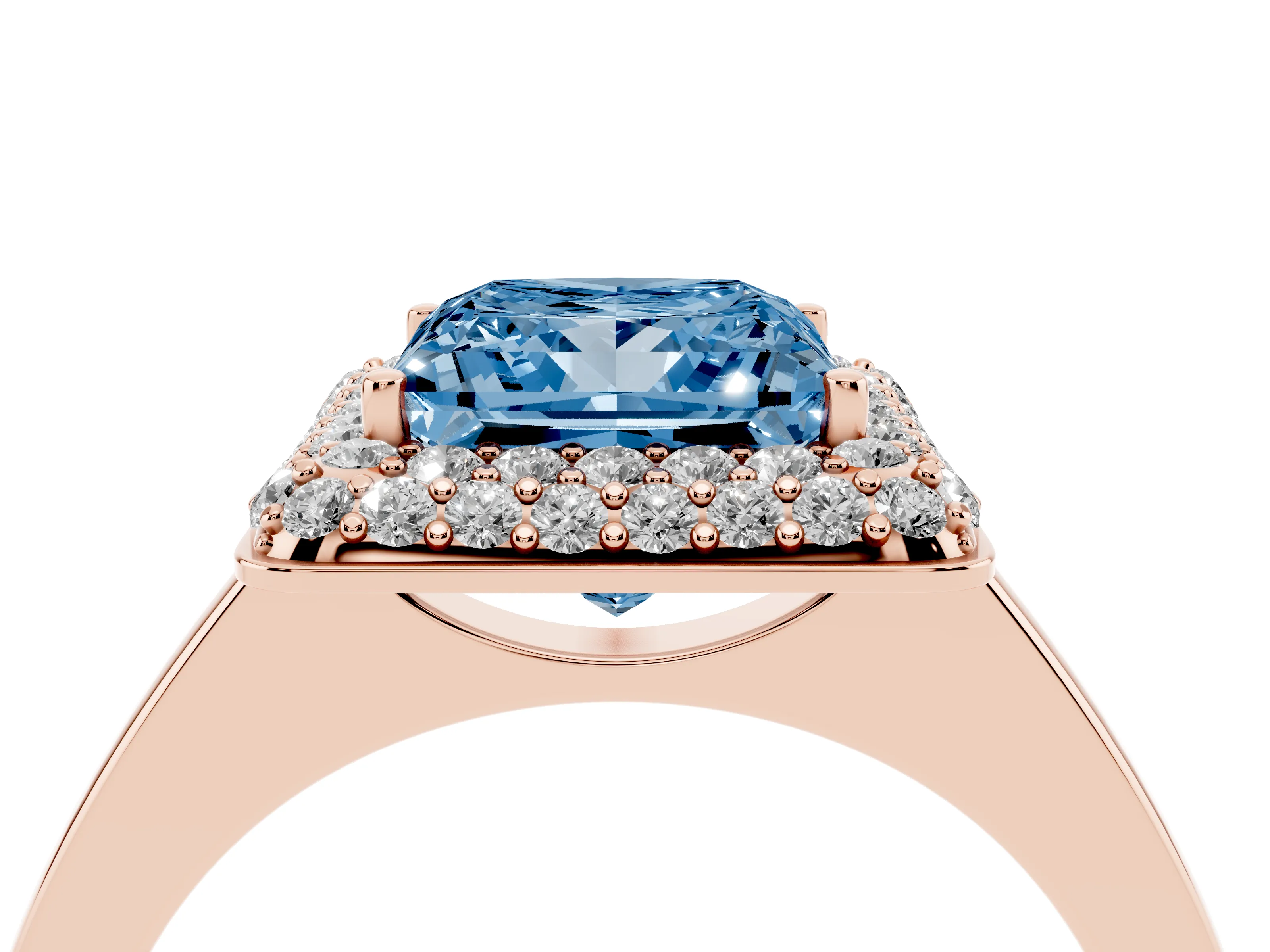 Fancy Blue Princess Cut Diamond Halo Engagement Ring Set in Rose gold with Solitaire Band and Prong Setting