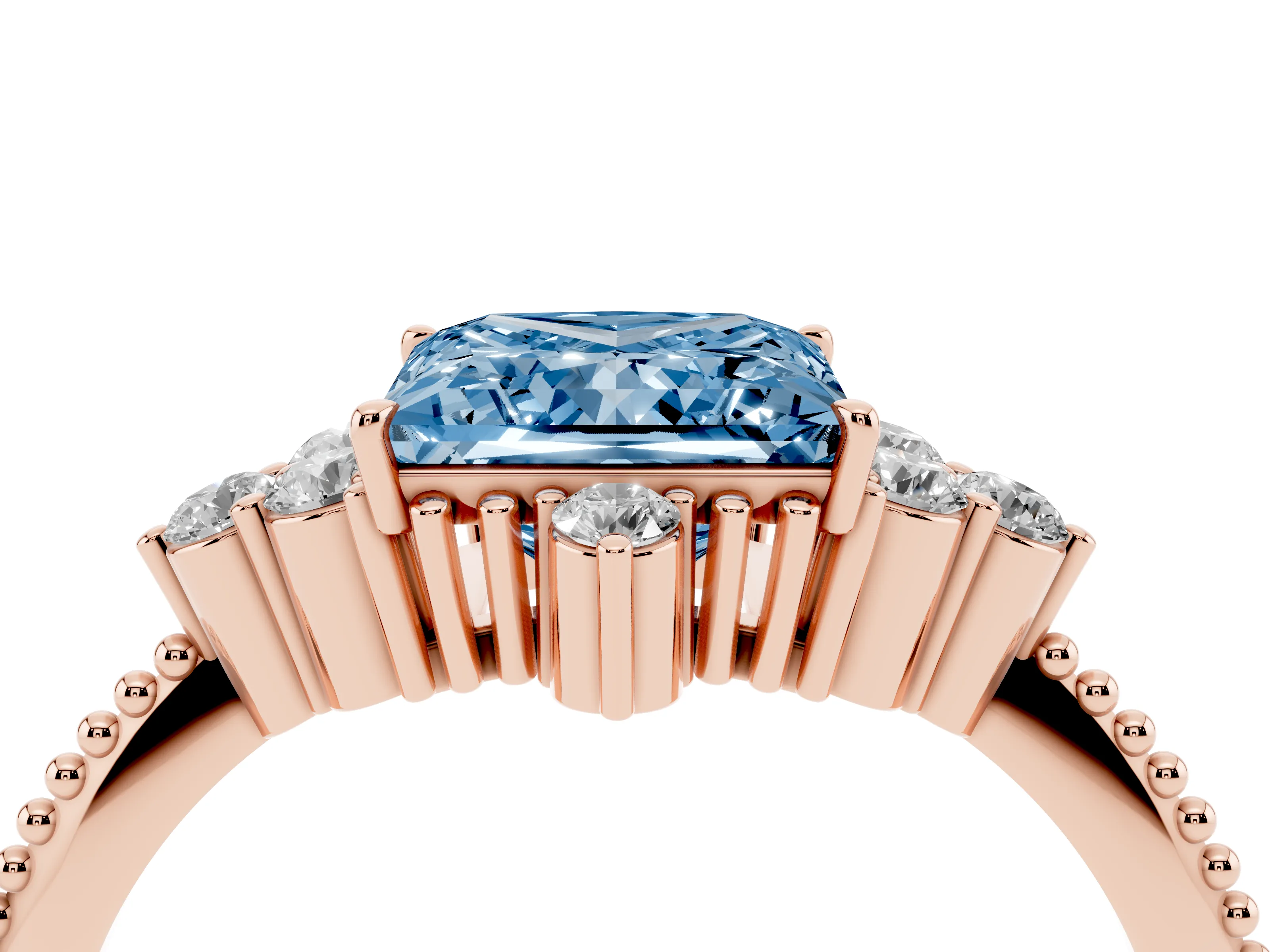 Fancy Blue Princess Cut Diamond Cluster Ring Set in Rose gold with Beaded Band