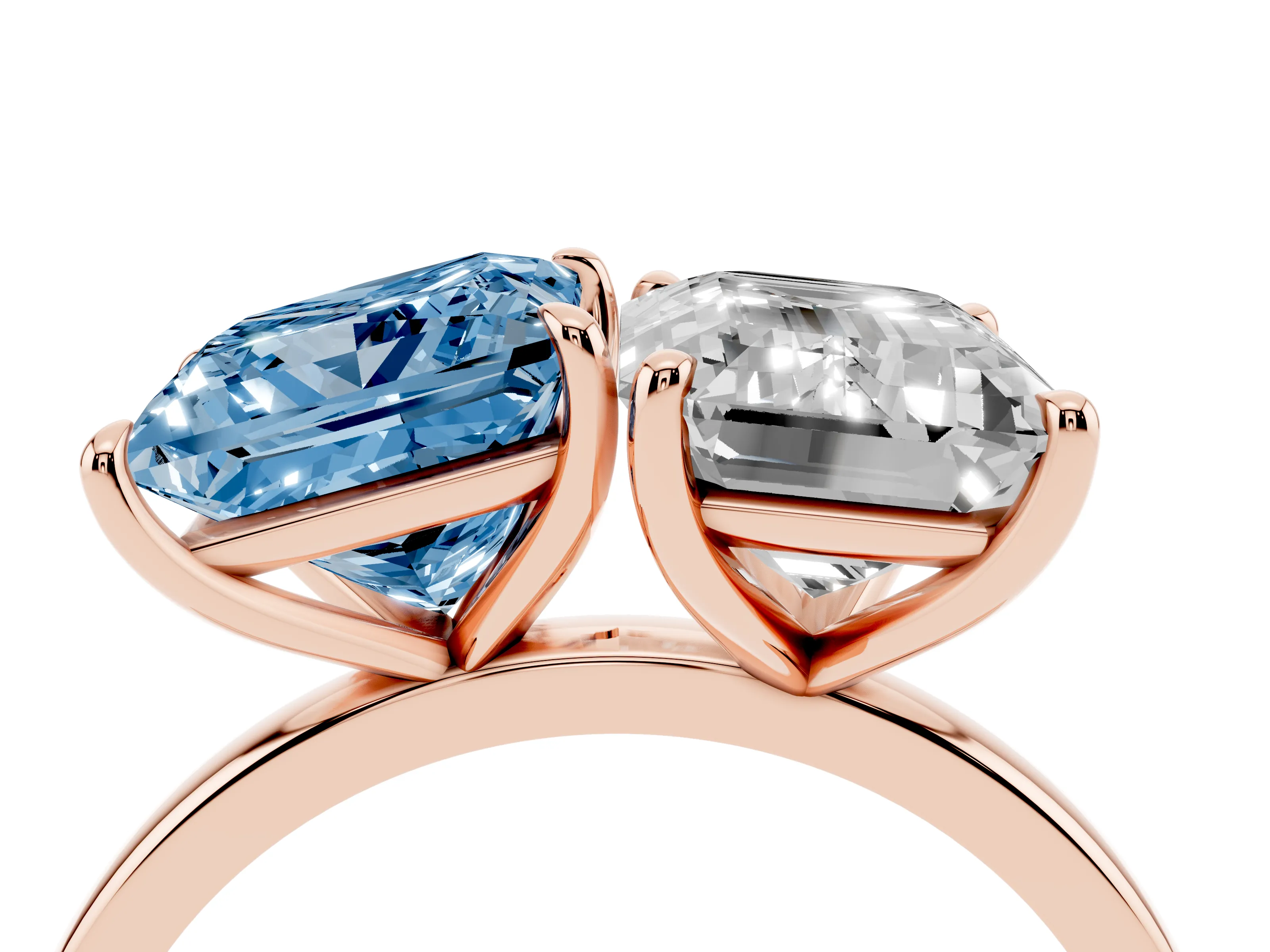 Fancy Blue Princess Cut and Emerald Cut Toi Moi Ring Set in Rose gold with Prong Setting
