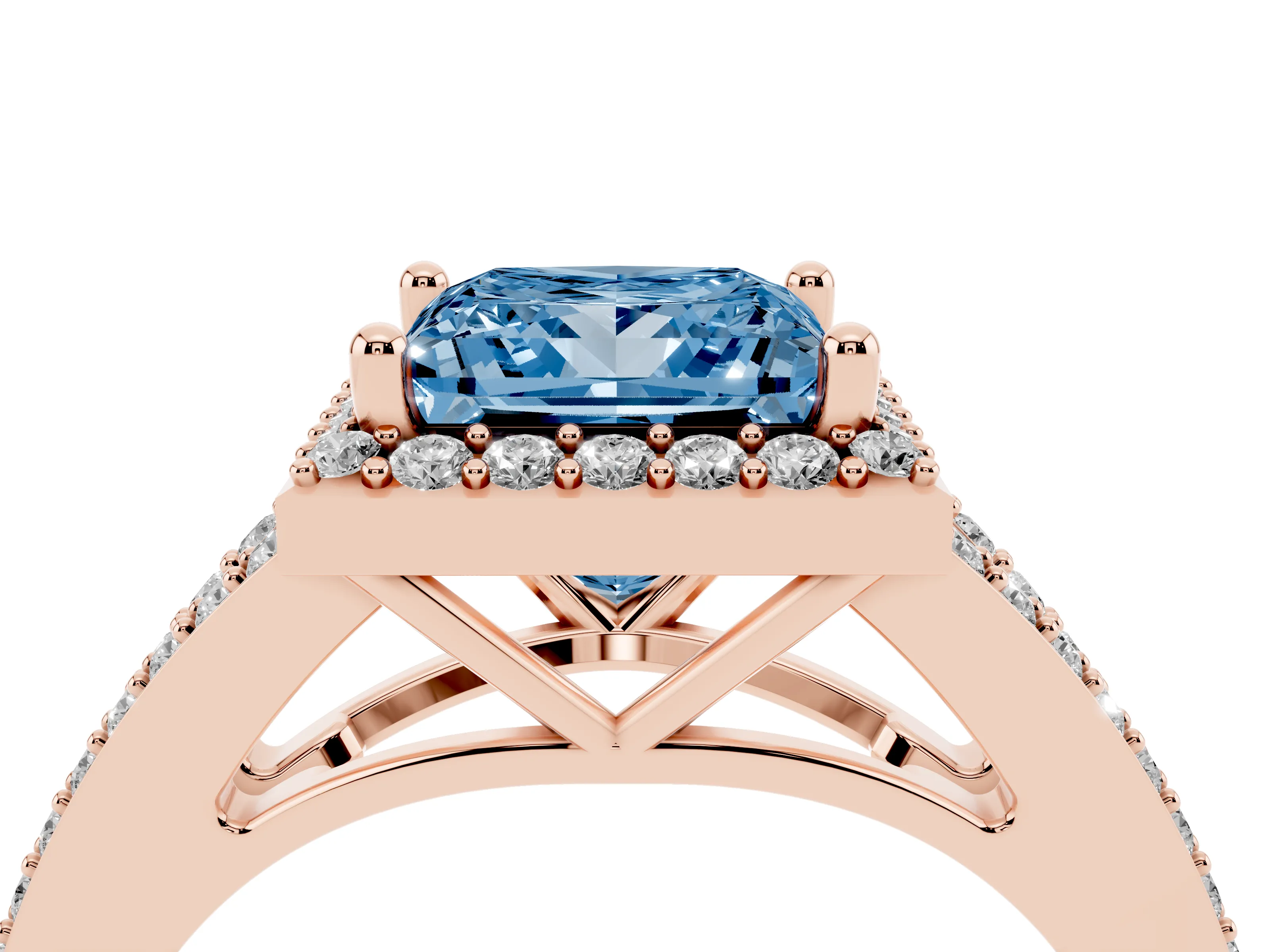 Fancy Blue Princess Cut Diamond Halo Split Shank Pavé Ring Set in Rose gold with Prong Setting