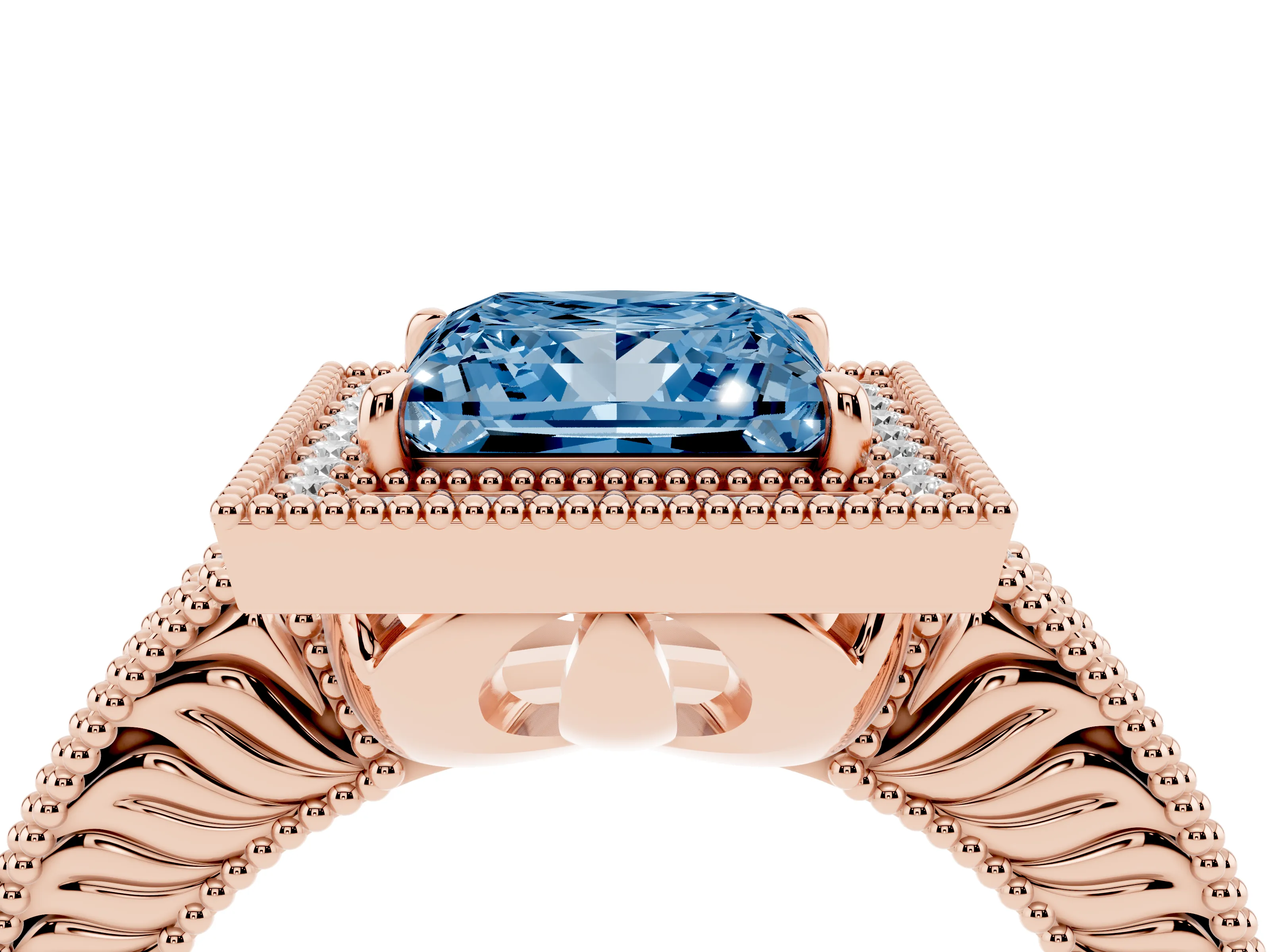 Fancy Blue Princess Cut Diamond Halo Ring Set in Rose gold with Round Accent Halo, Pavé Band and Prong Setting