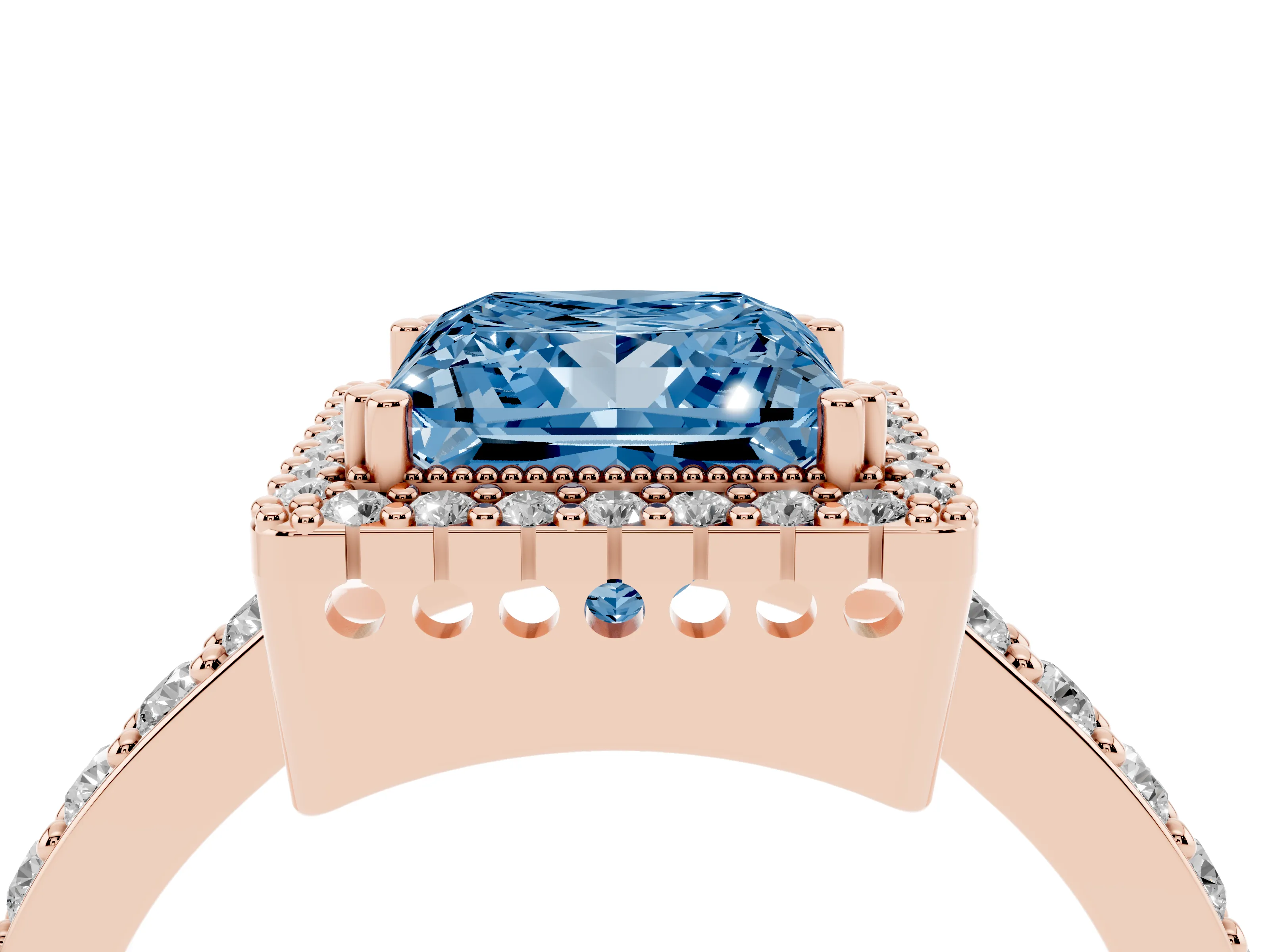 Fancy Blue Princess Cut Diamond Halo Engagement Ring Set in Rose gold with Milgrain Detail and Pavé Band
