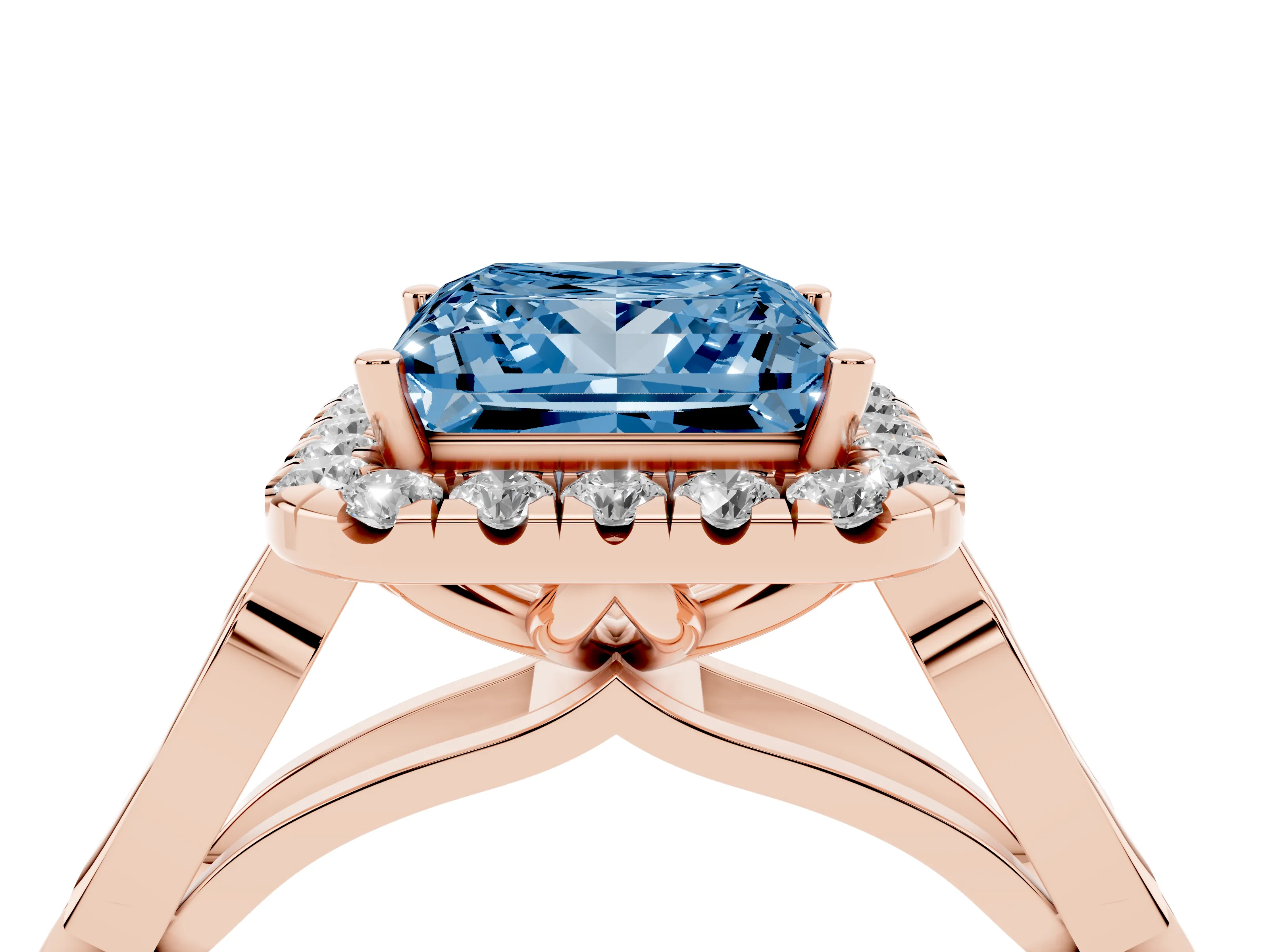 Fancy Blue Princess Cut Diamond Halo Engagement Ring Set in Rose gold with Filigree Band and Prong-Set Center