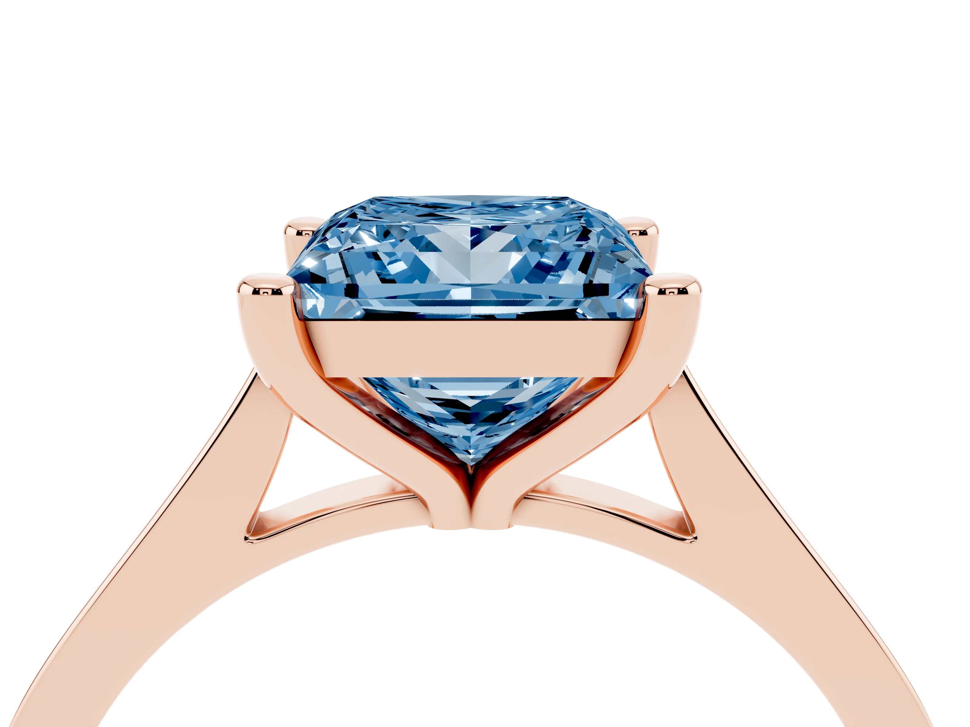 Fancy Blue Princess Cut Diamond Solitaire Ring Set in Rose gold with Prong Setting and Tapered Band