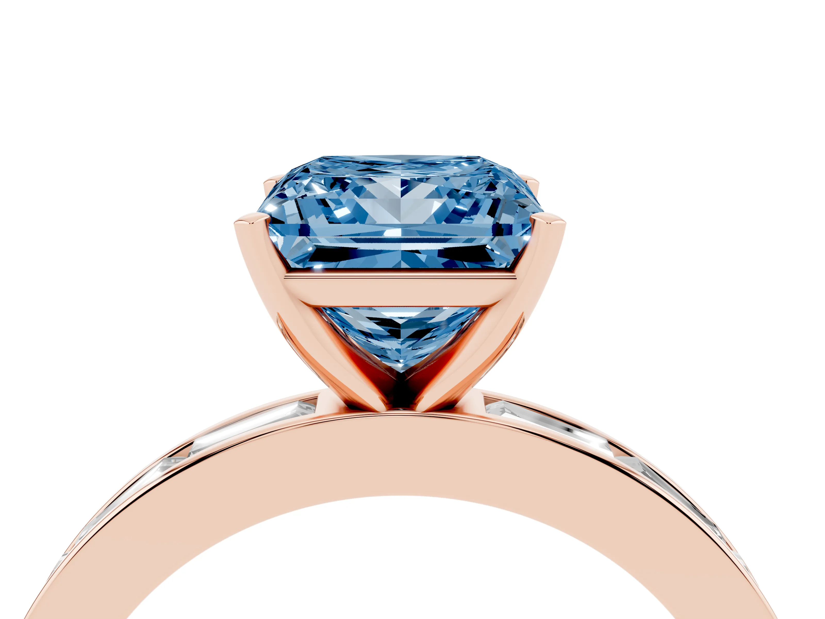 Fancy Blue Princess Cut Diamond Solitaire Ring Set in Rose gold with Channel-Set Baguette Band and Prong Setting