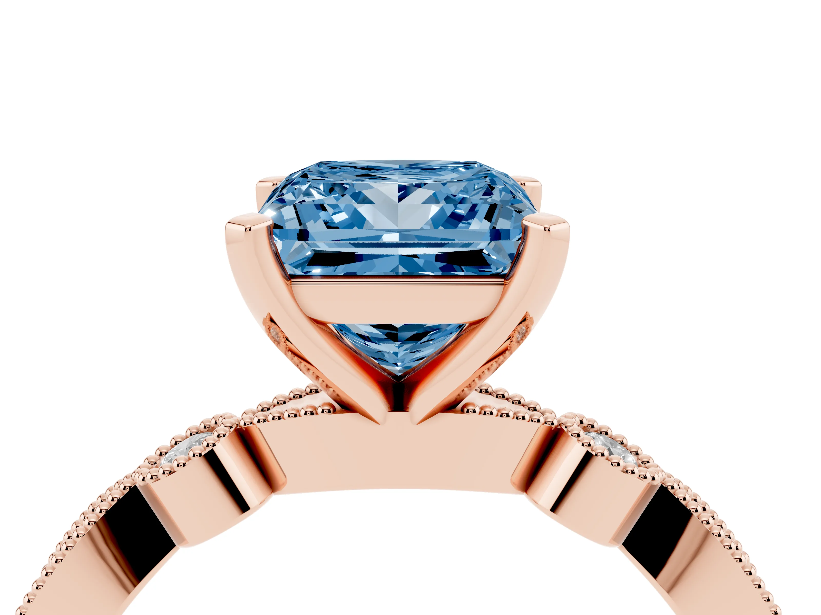 Fancy Blue Princess Cut Diamond Solitaire Engagement Ring Set in Rose gold with Milgrain Bezel Accent Band