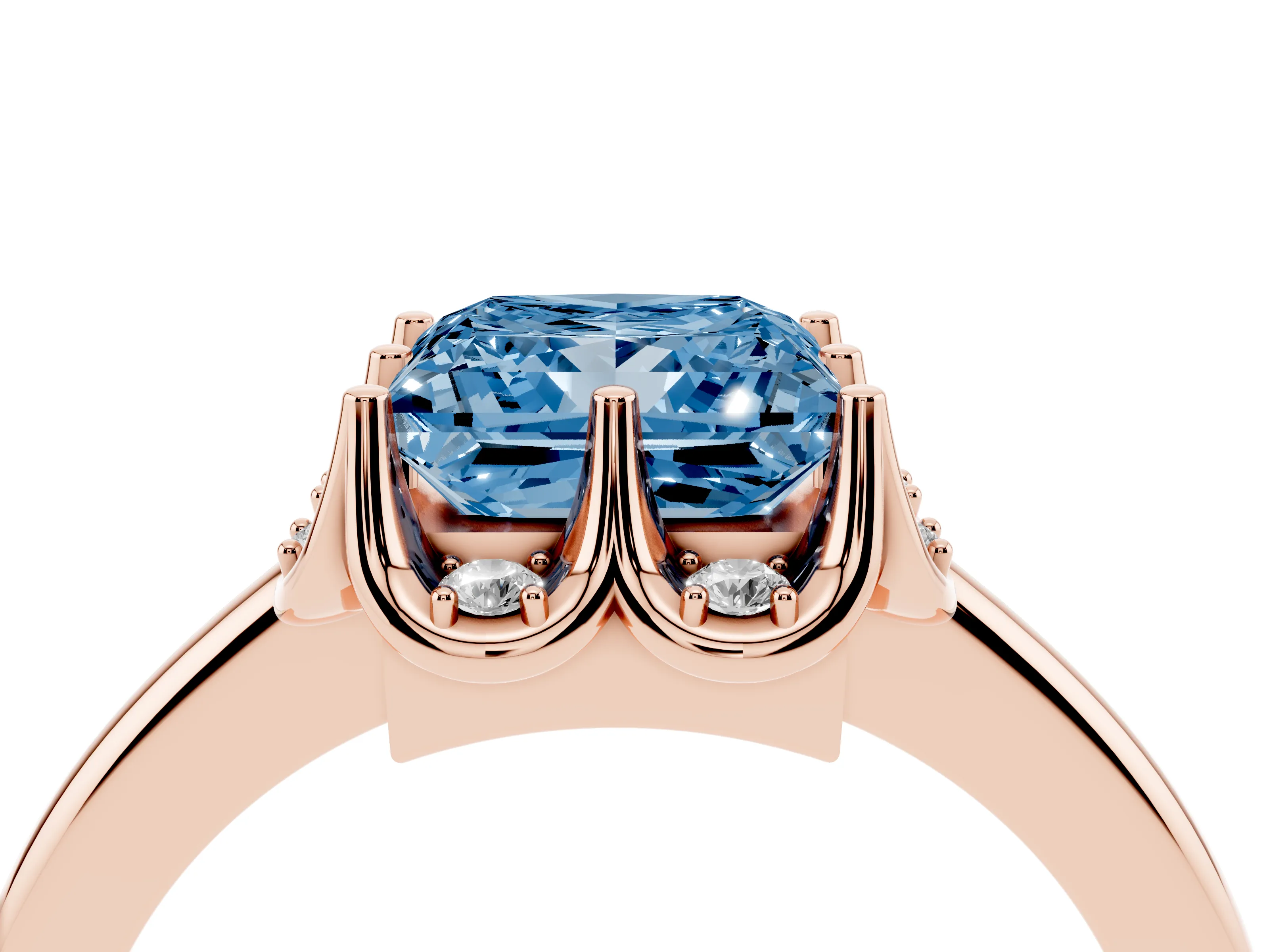 Fancy Blue Princess Cut Diamond Round Cluster Halo Ring Set in Rose gold with Solitaire Band and Prong Setting