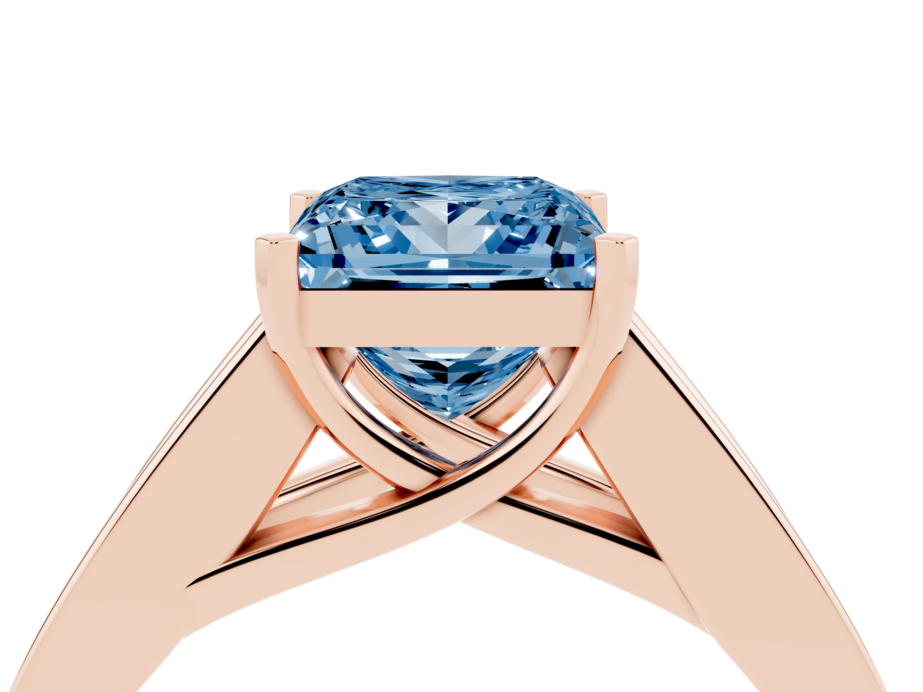 Fancy Blue Princess Cut Diamond Solitaire Ring Set in Rose gold with Channel-Set Accent Stones and Prong Setting