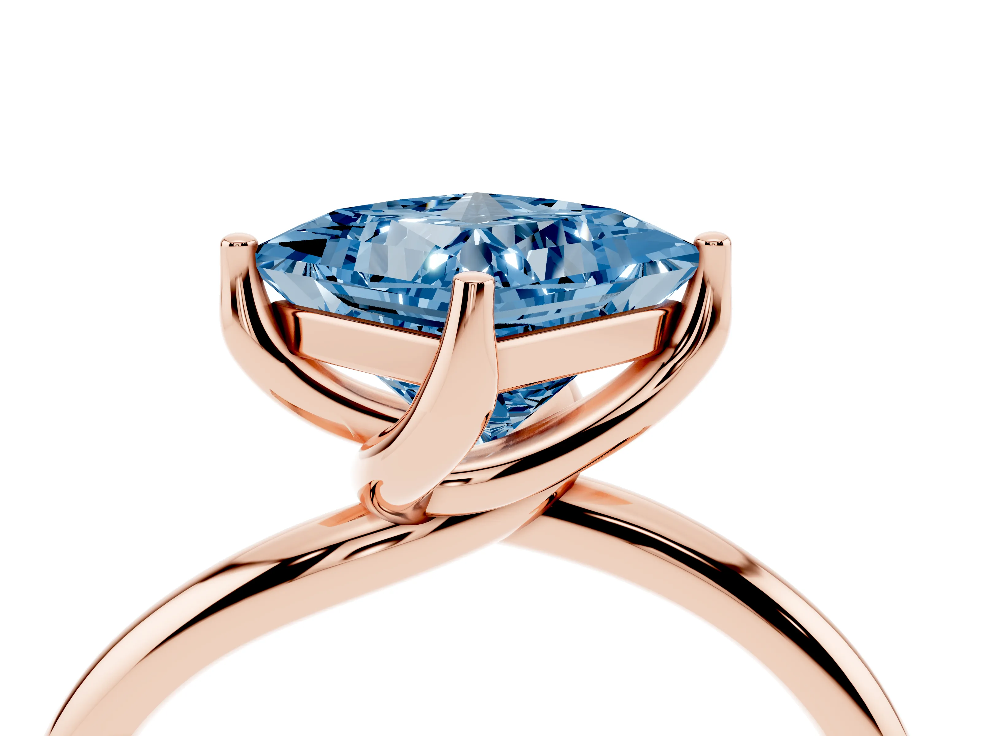 Fancy Blue Princess Cut Diamond Solitaire Engagement Ring Set in Rose gold with Classic Plain Band
