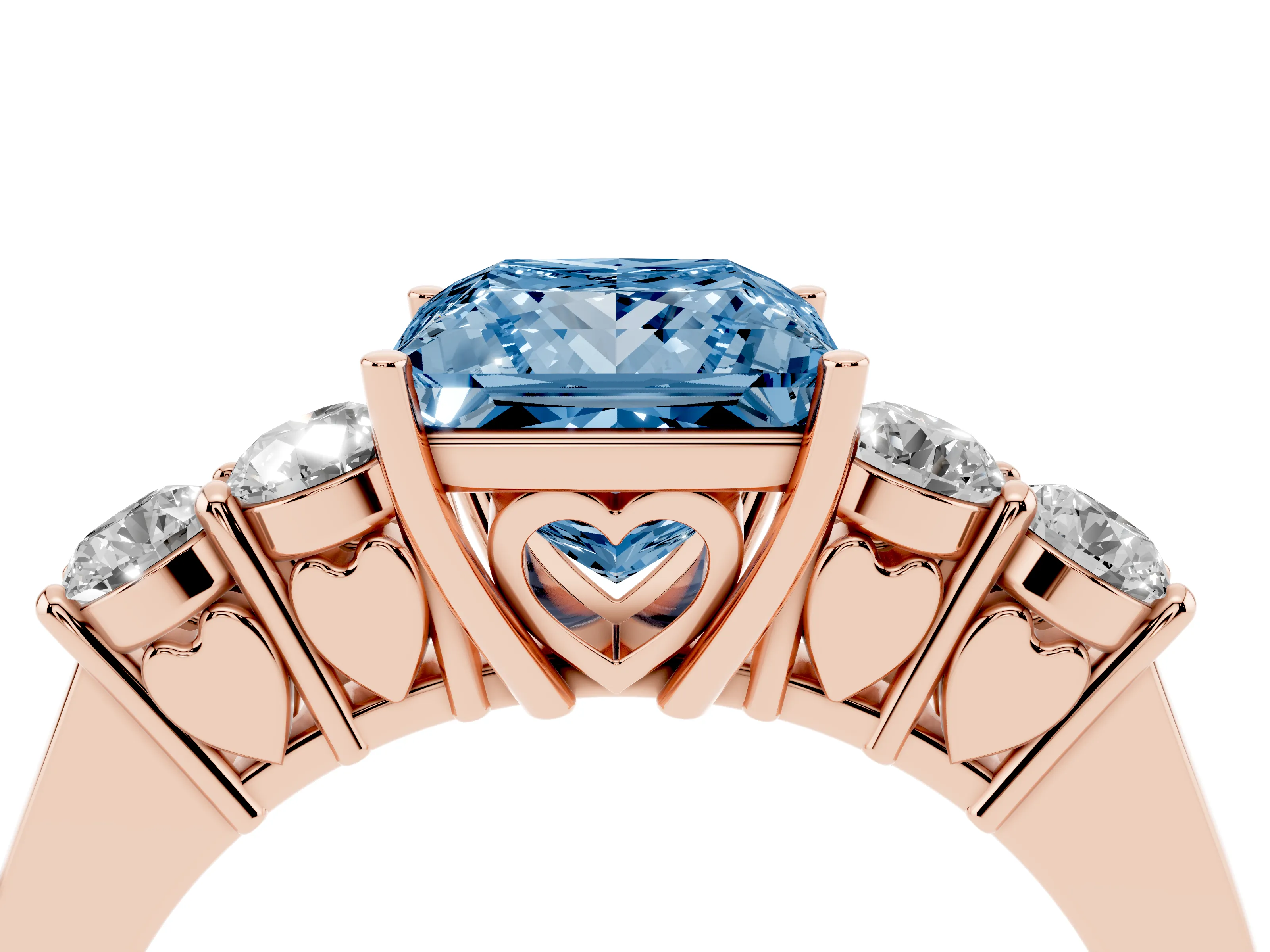 Fancy Blue Princess Cut Diamond Five-Stone Prong Set Band Ring Set in Rose gold with Polished Band