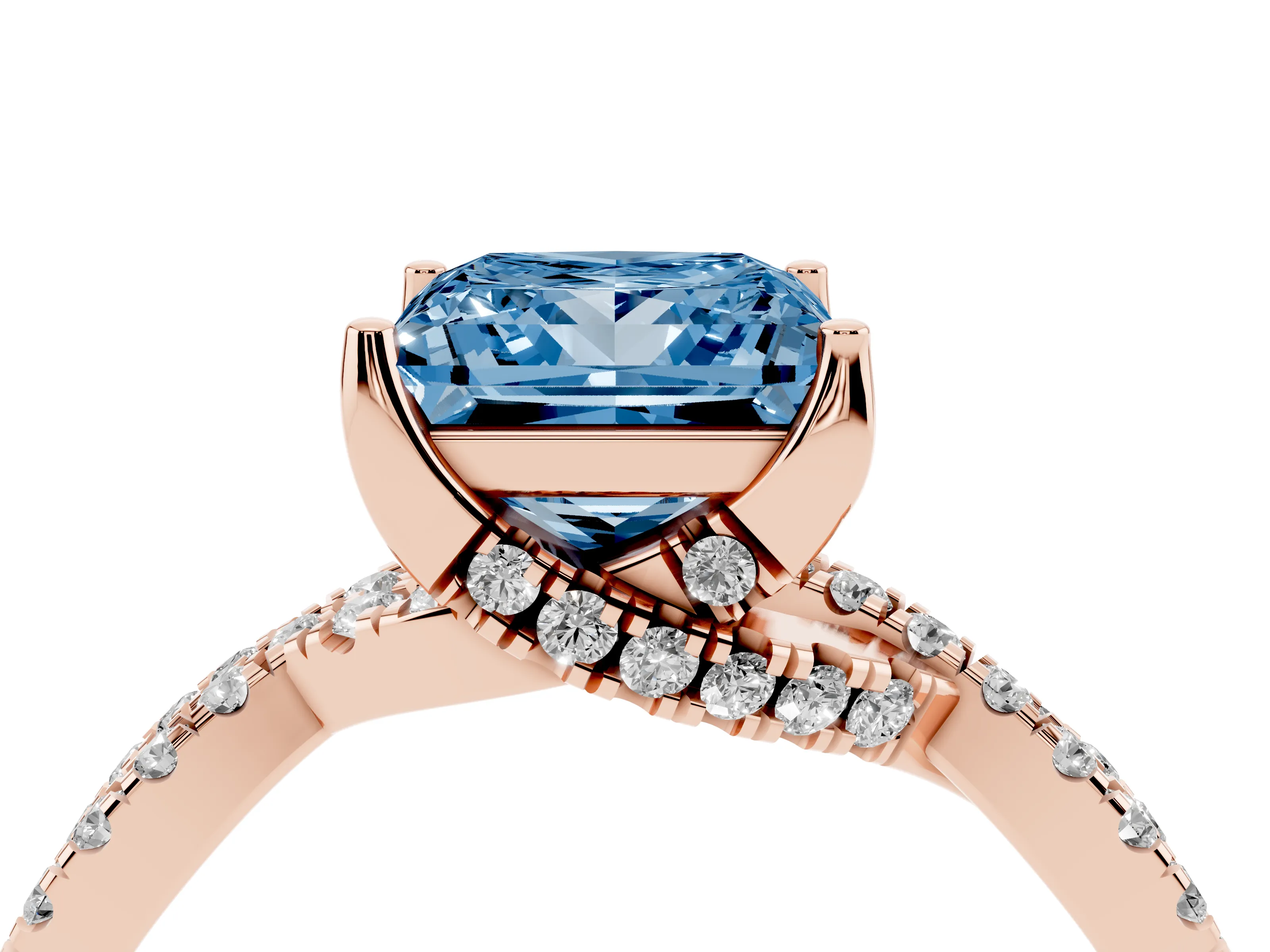 Fancy Blue Princess Cut Diamond Twist Pavé Solitaire Engagement Ring Set in Rose gold with Prong Setting