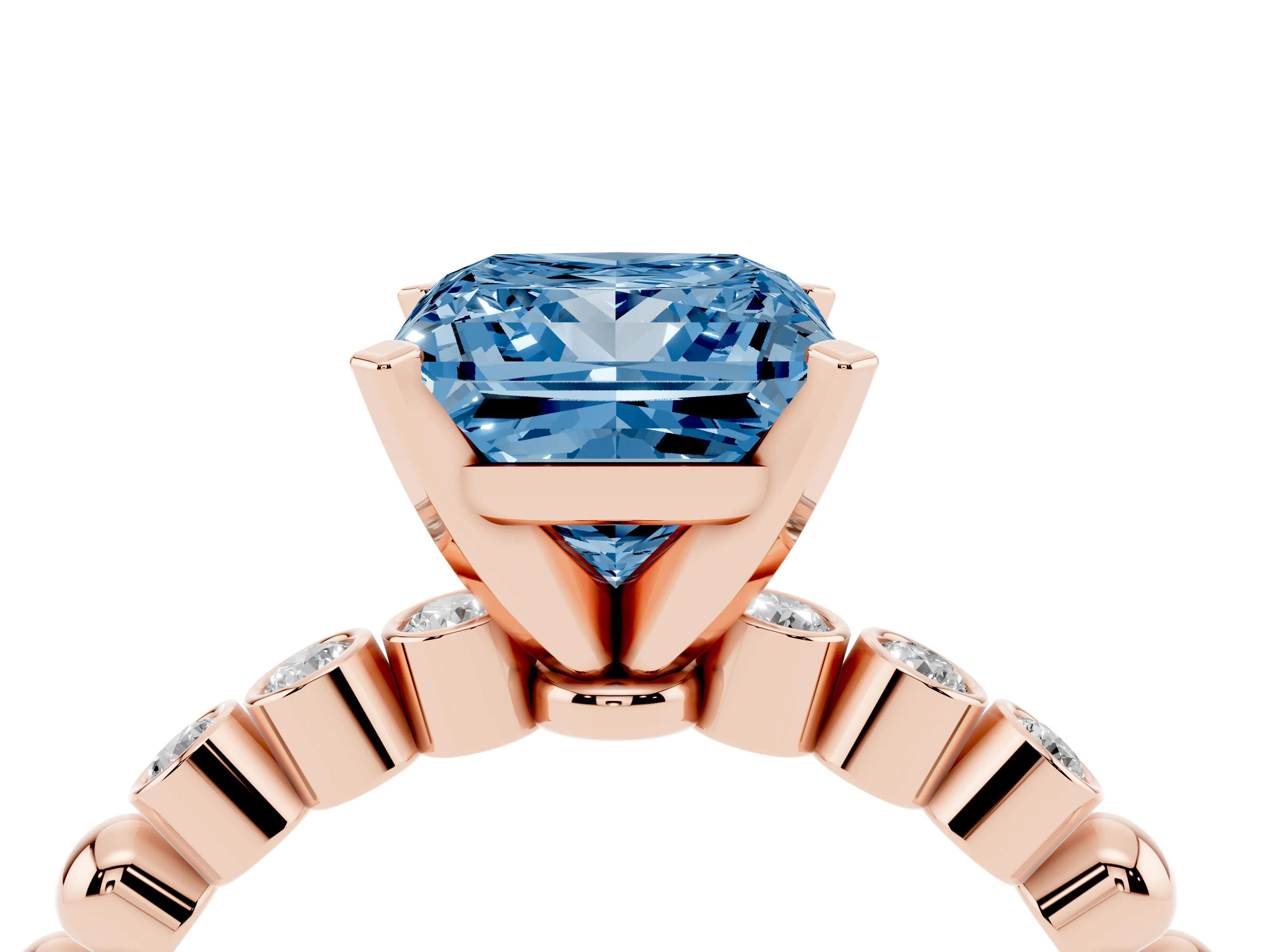 Fancy Blue Princess Cut Diamond Solitaire Engagement Ring Set in Rose gold with Bezel Accents on Beaded Band