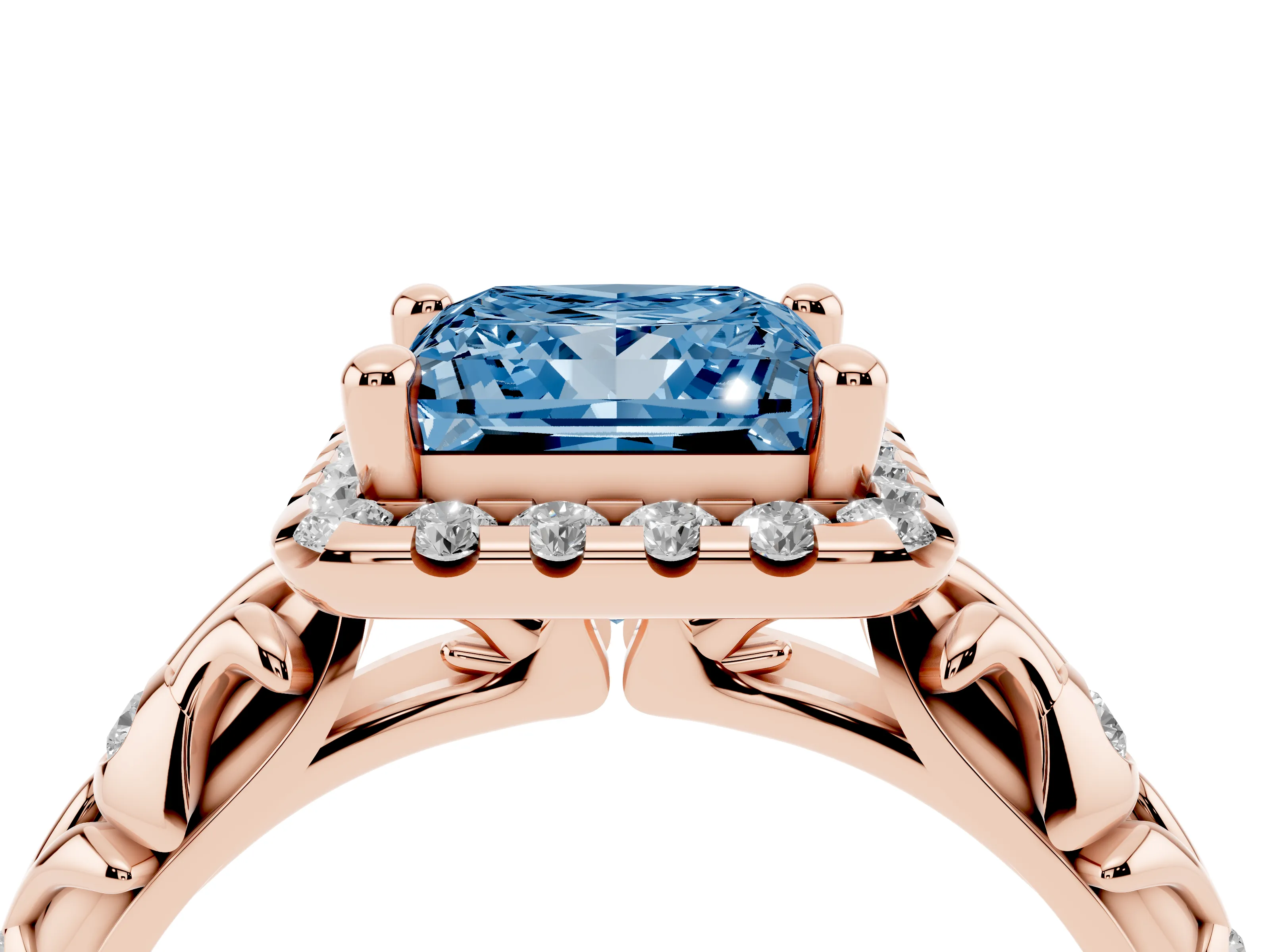 Fancy Blue Princess Cut Diamond Halo Ring Set in Rose gold with Filigree Leaf Band and Prong Setting