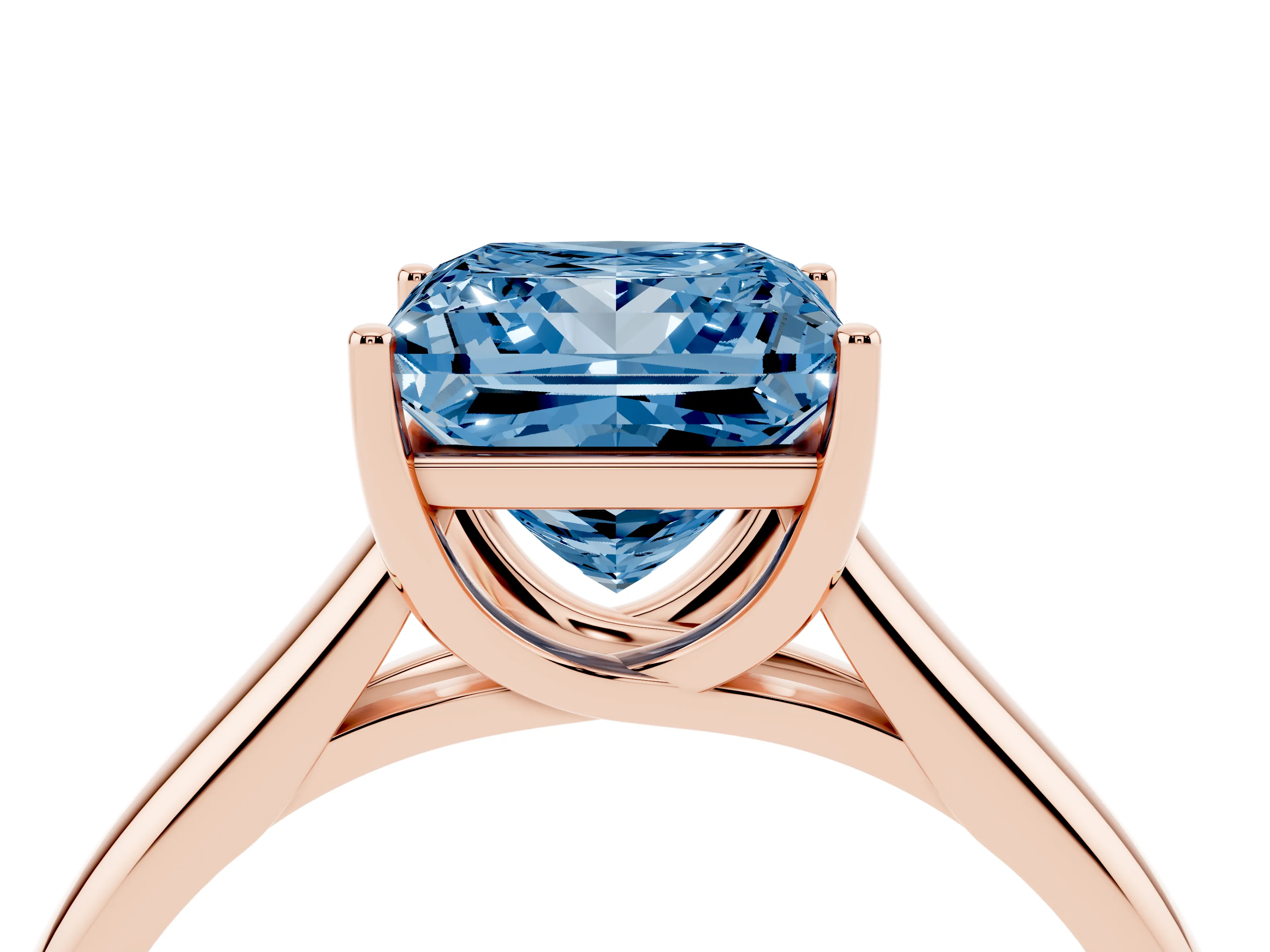 Fancy Blue Princess Cut Diamond Solitaire Engagement Ring Set in Rose gold with Subtly Tapered Band and Prong Setting