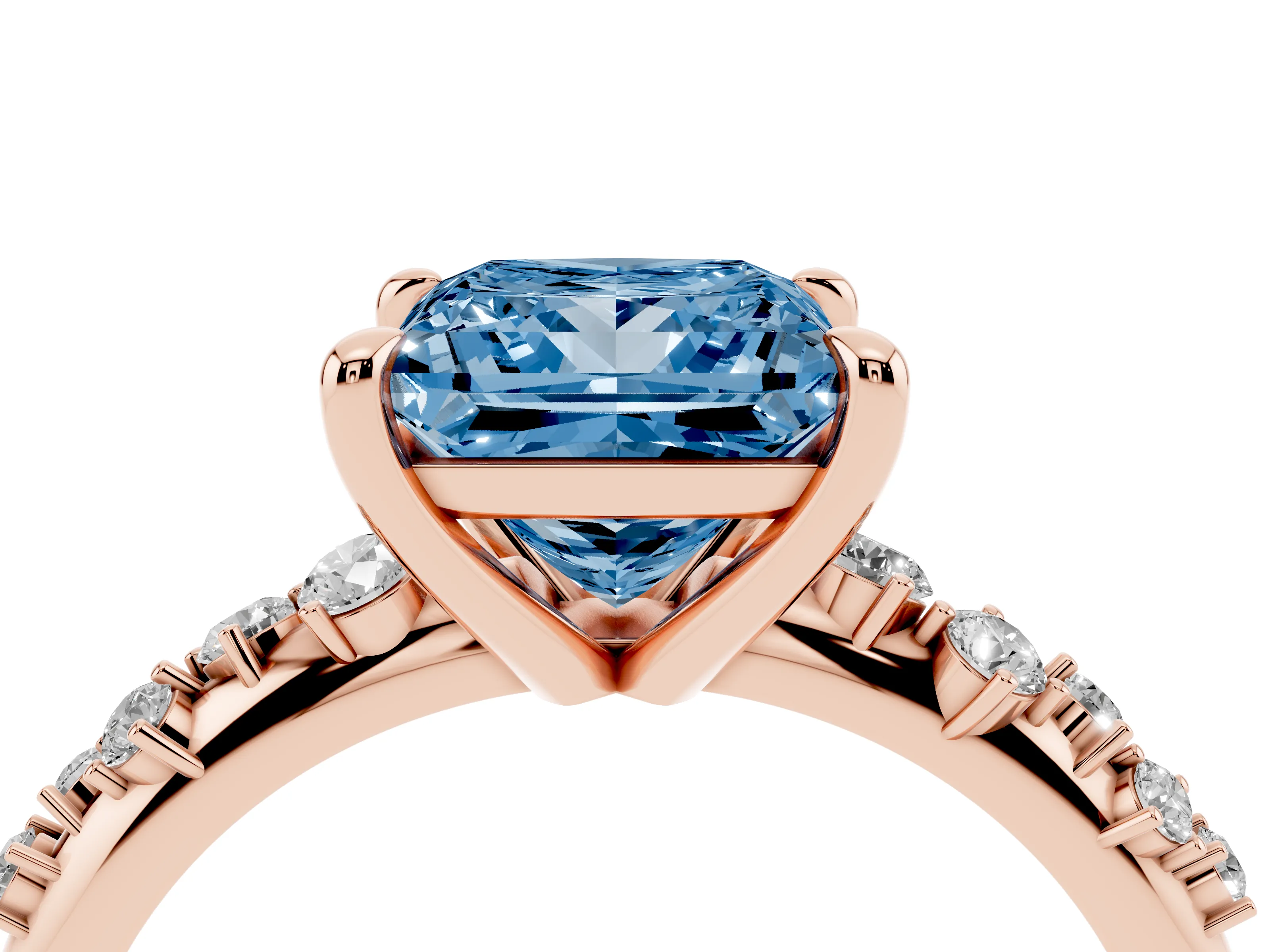 Fancy Blue Princess Cut Diamond Solitaire Vine Band Ring Set in Rose gold with Round Accents and Prong Setting