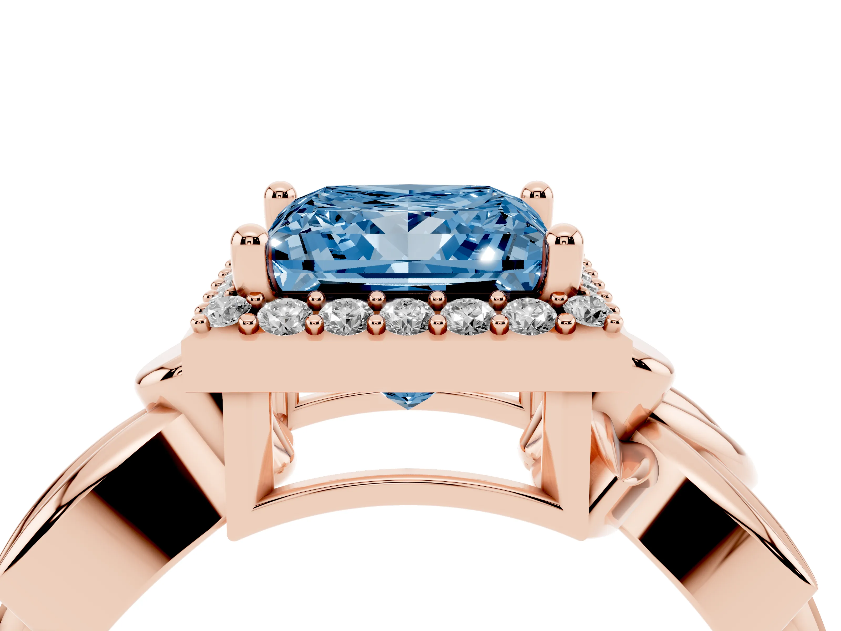 Fancy Blue Princess Cut Diamond Halo Floral Band Ring Set in Rose gold with Prong Setting