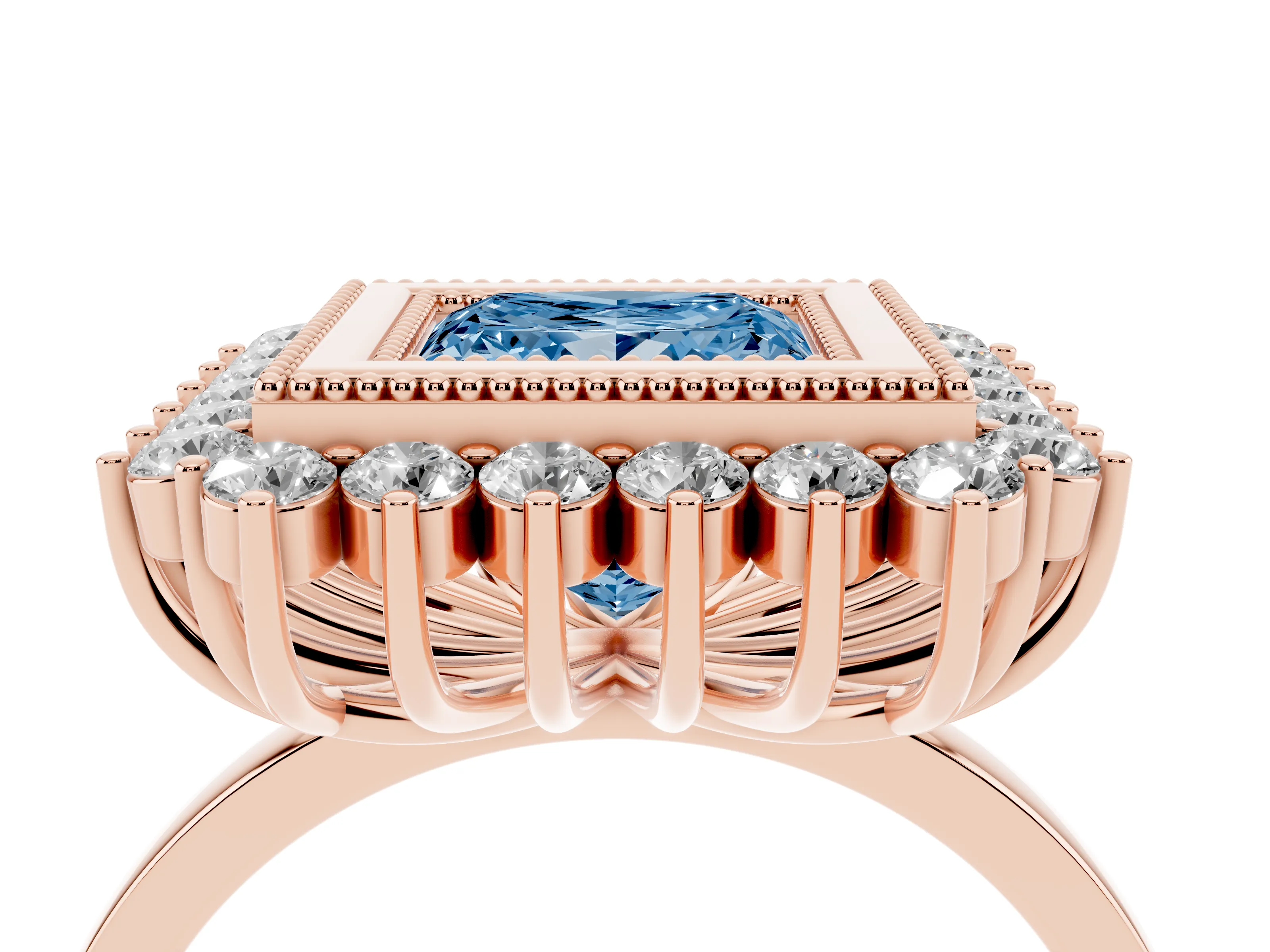 Fancy Blue Princess Cut Diamond Halo Ring Set in Rose gold with Milgrain Edge and Round Prong Setting