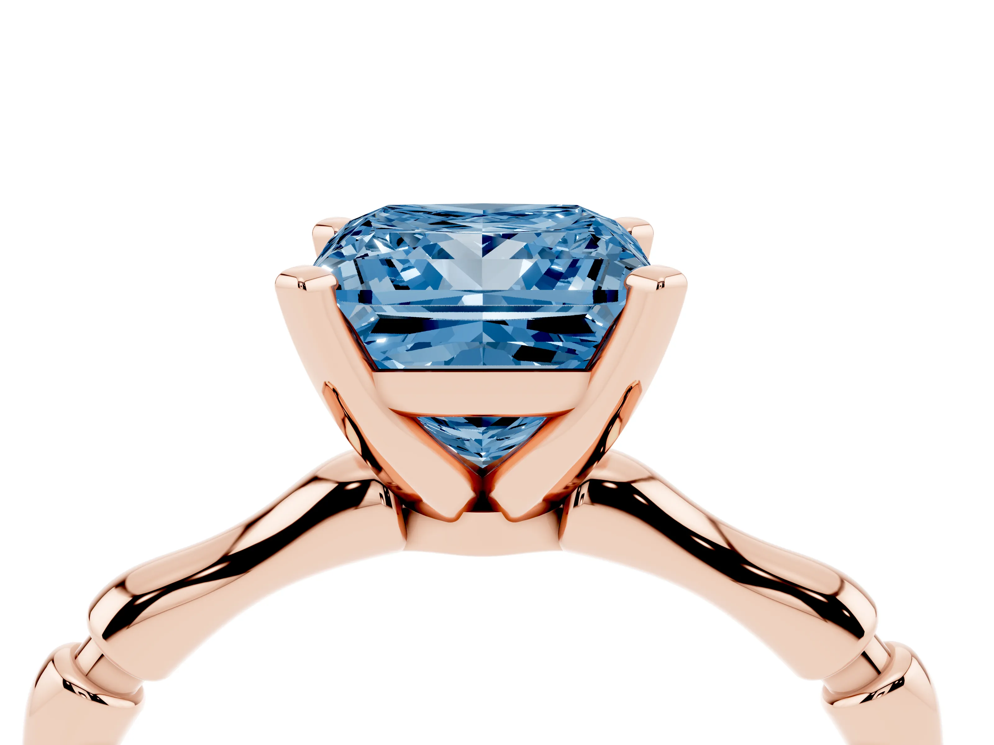 Fancy Blue Princess Cut Diamond Solitaire Ring Set in Rose gold with Bamboo Band and Prong Setting