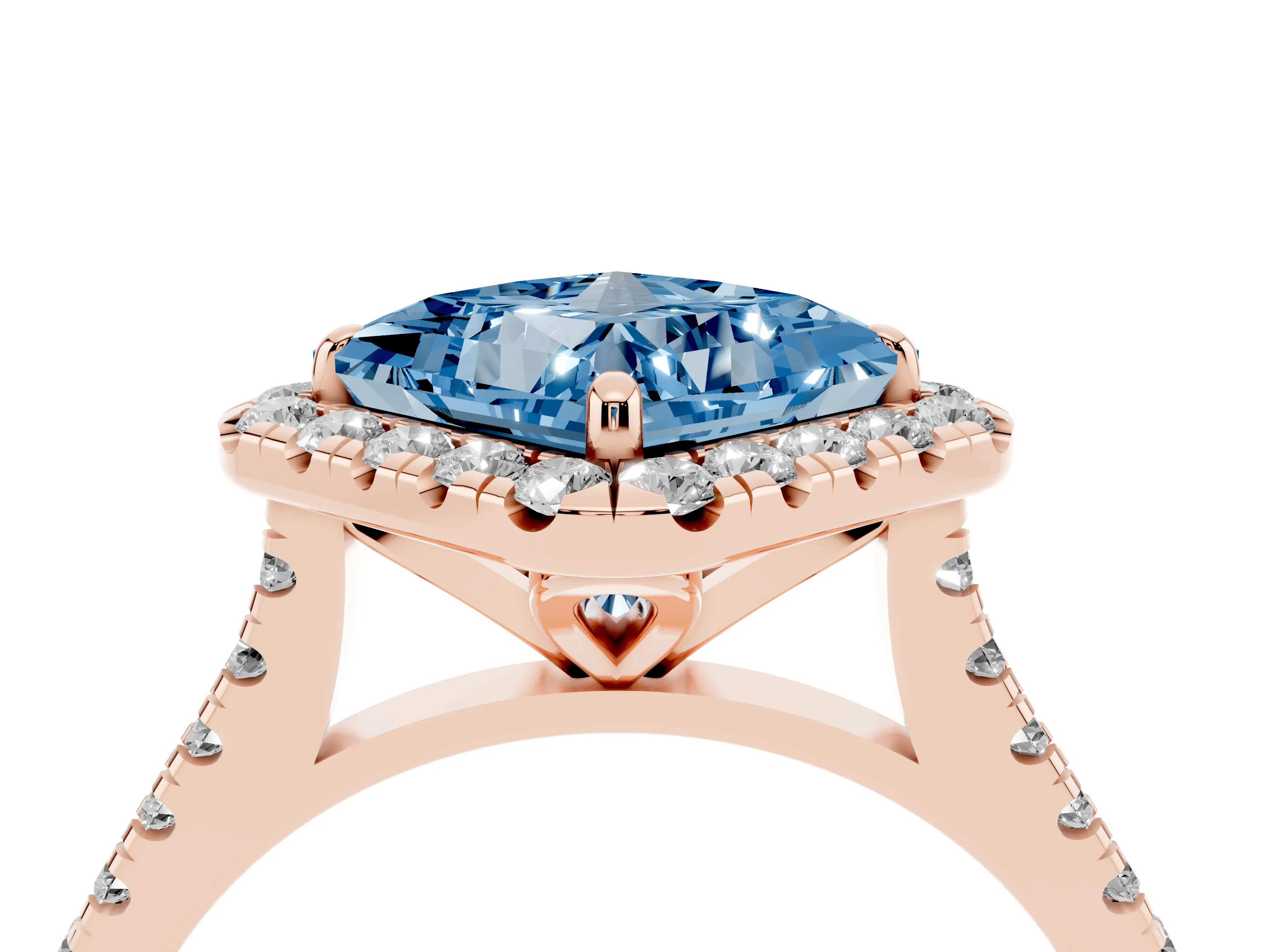 Fancy Blue Princess Cut Diamond Cushion Halo Ring Set in Rose gold with Pavé Band