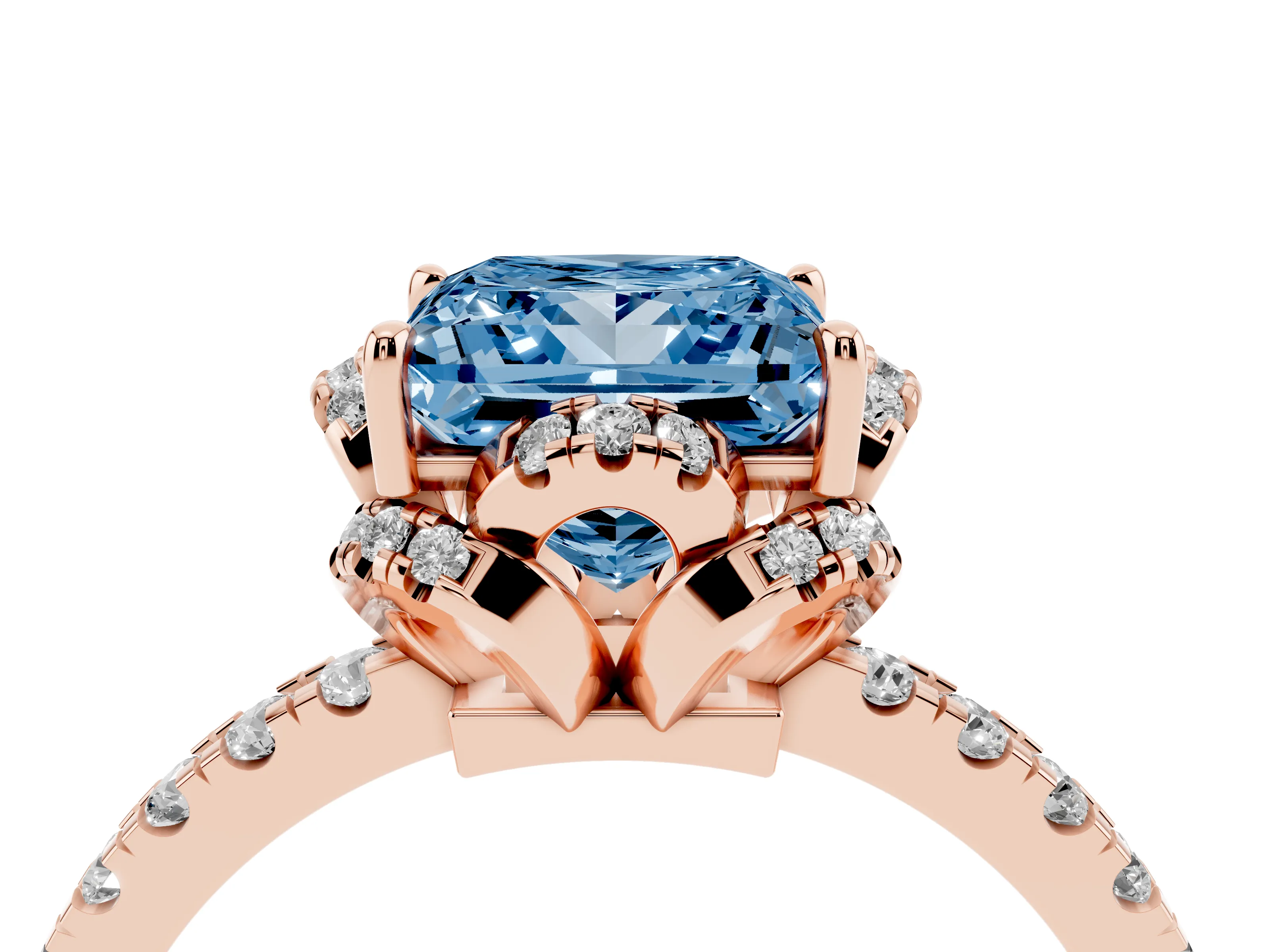 Fancy Blue Princess Cut Diamond Halo Pavé Band Ring Set in Rose gold with Prong-Held Center