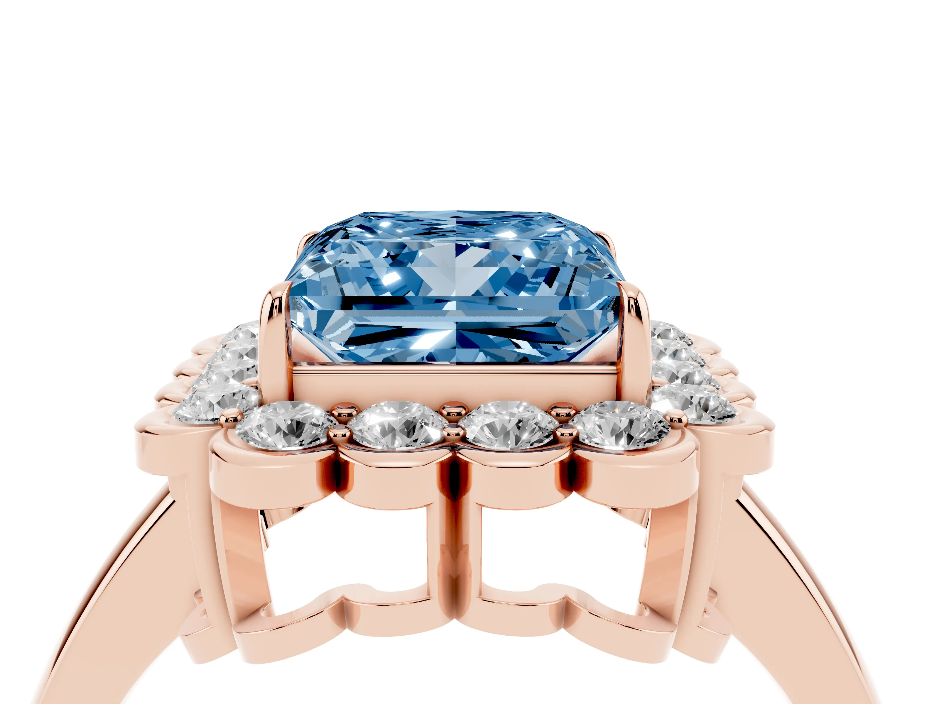 Fancy Blue Princess Cut Diamond Halo Cluster Engagement Ring Set in Rose gold with Solitaire Band and Prong Setting