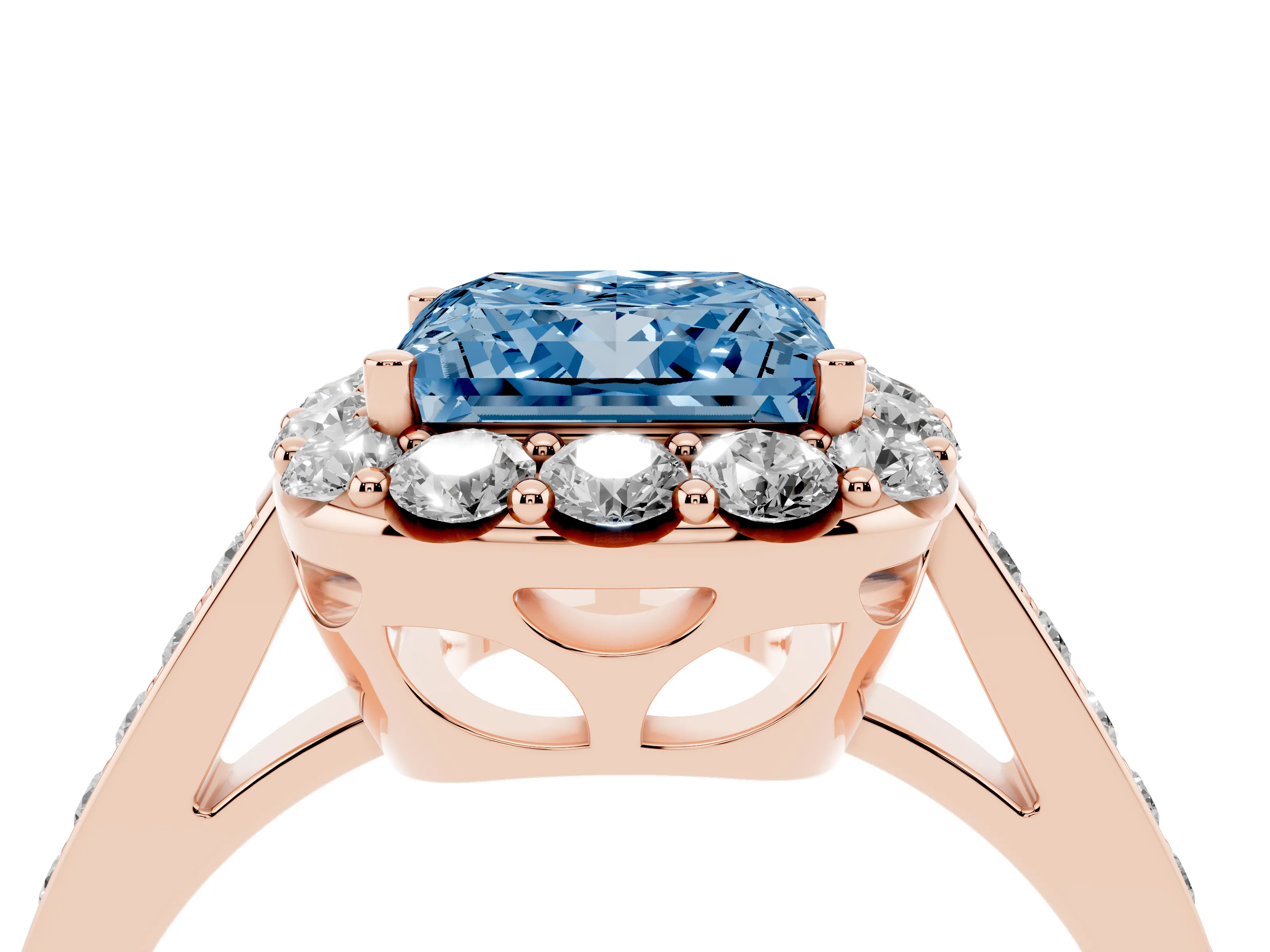 Fancy Blue Princess Cut Diamond Floral Halo Ring Set in Rose gold with Pavé Band and Prong Setting