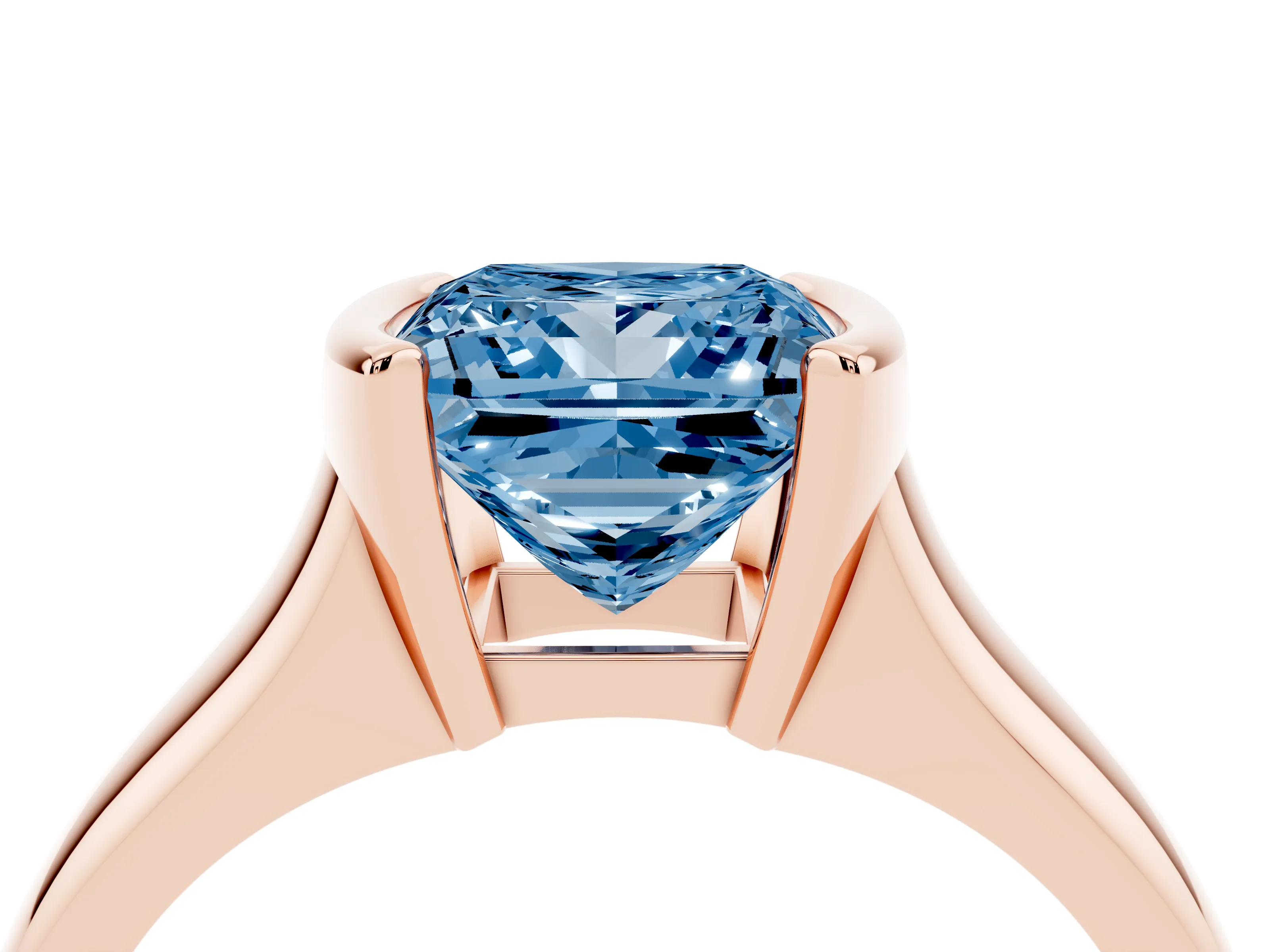 Fancy Blue Princess Cut Diamond Solitaire Tension Set Ring Set in Rose gold with Split Shank Band