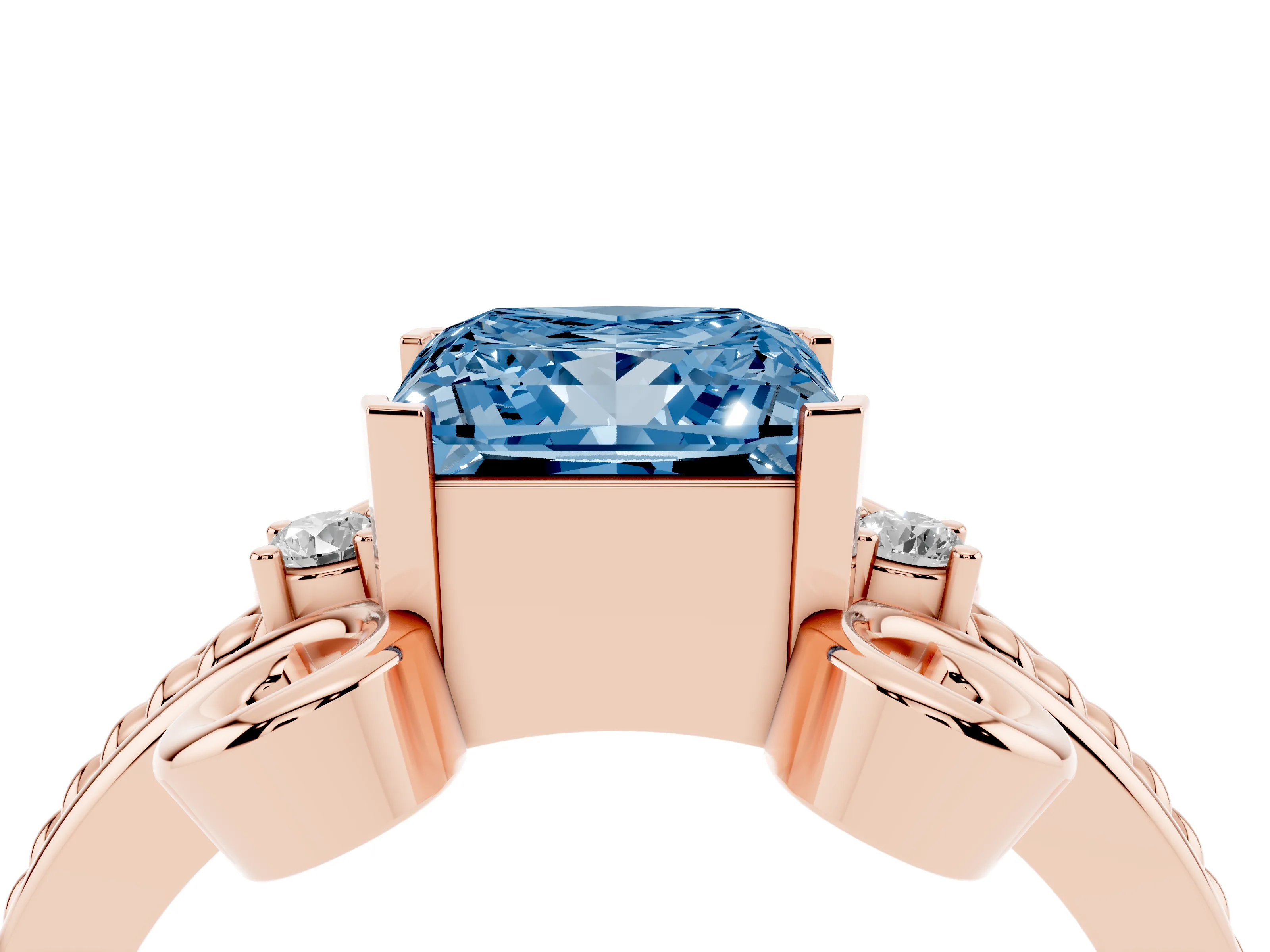 Fancy Blue Princess Cut Diamond Twisted Band Solitaire Ring Set in Rose gold with Scroll Prongs