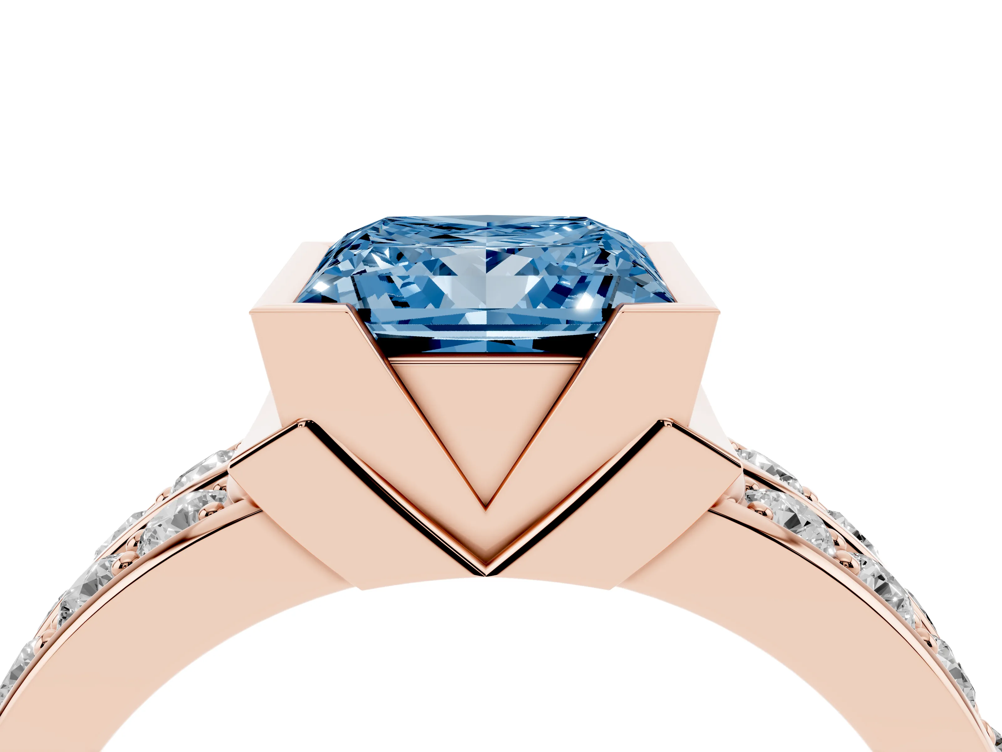 Fancy Blue Princess Cut Diamond Wide Channel Set Band Ring Set in Rose gold with Bezel Setting