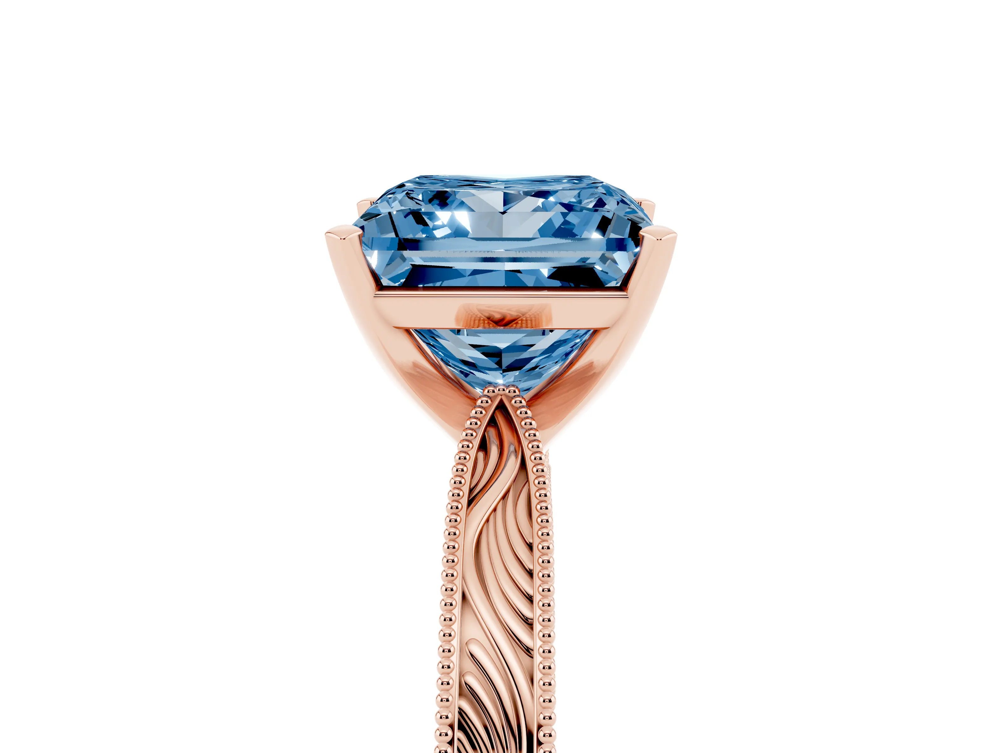 Fancy Blue Princess Cut Diamond Solitaire Milgrain Engraved Band Set in Rose gold with Prong Setting