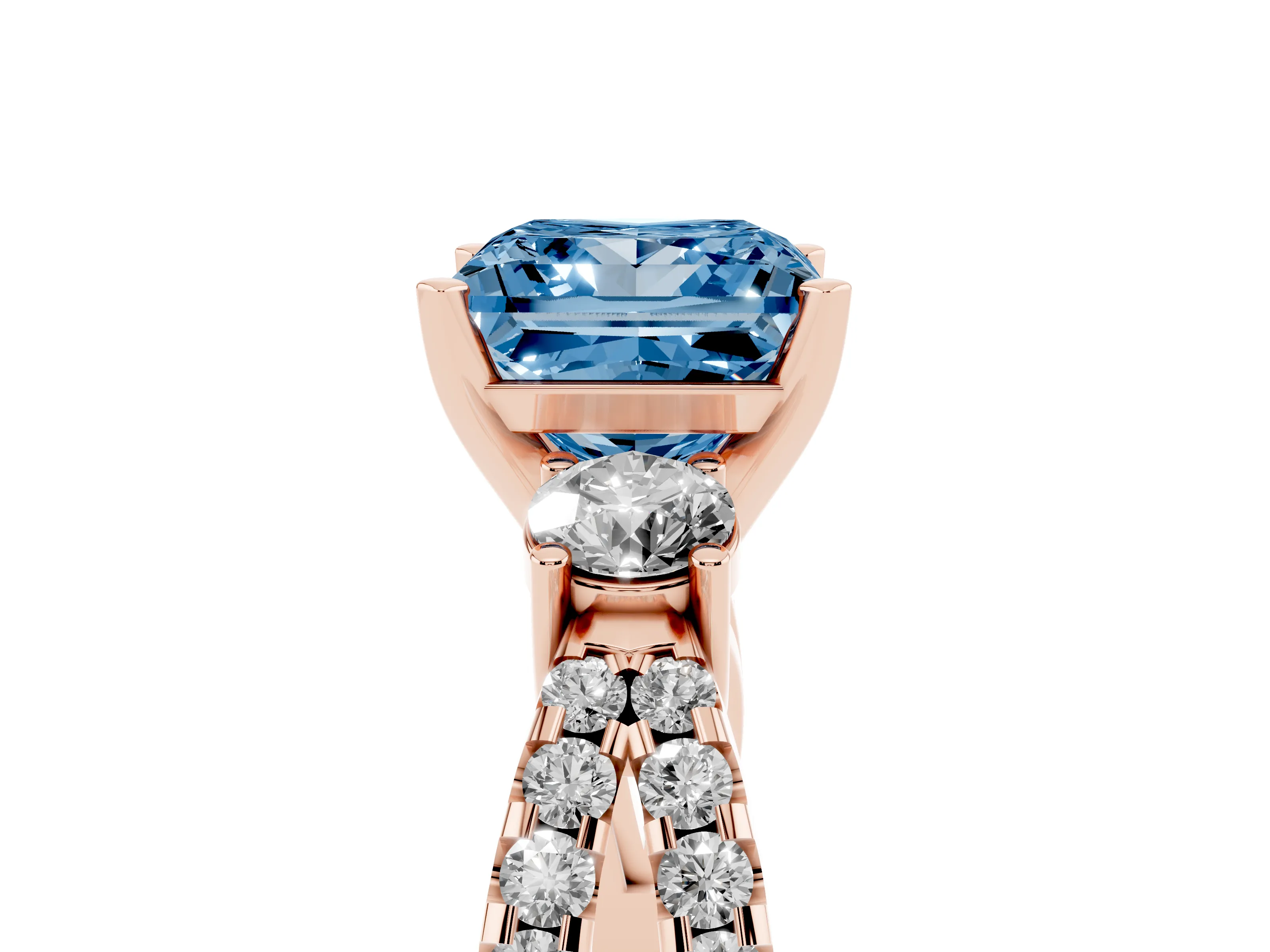 Fancy Blue Princess Cut Diamond Three-Stone Ring Set in Rose gold with Pavé Split Shank and Prong Setting