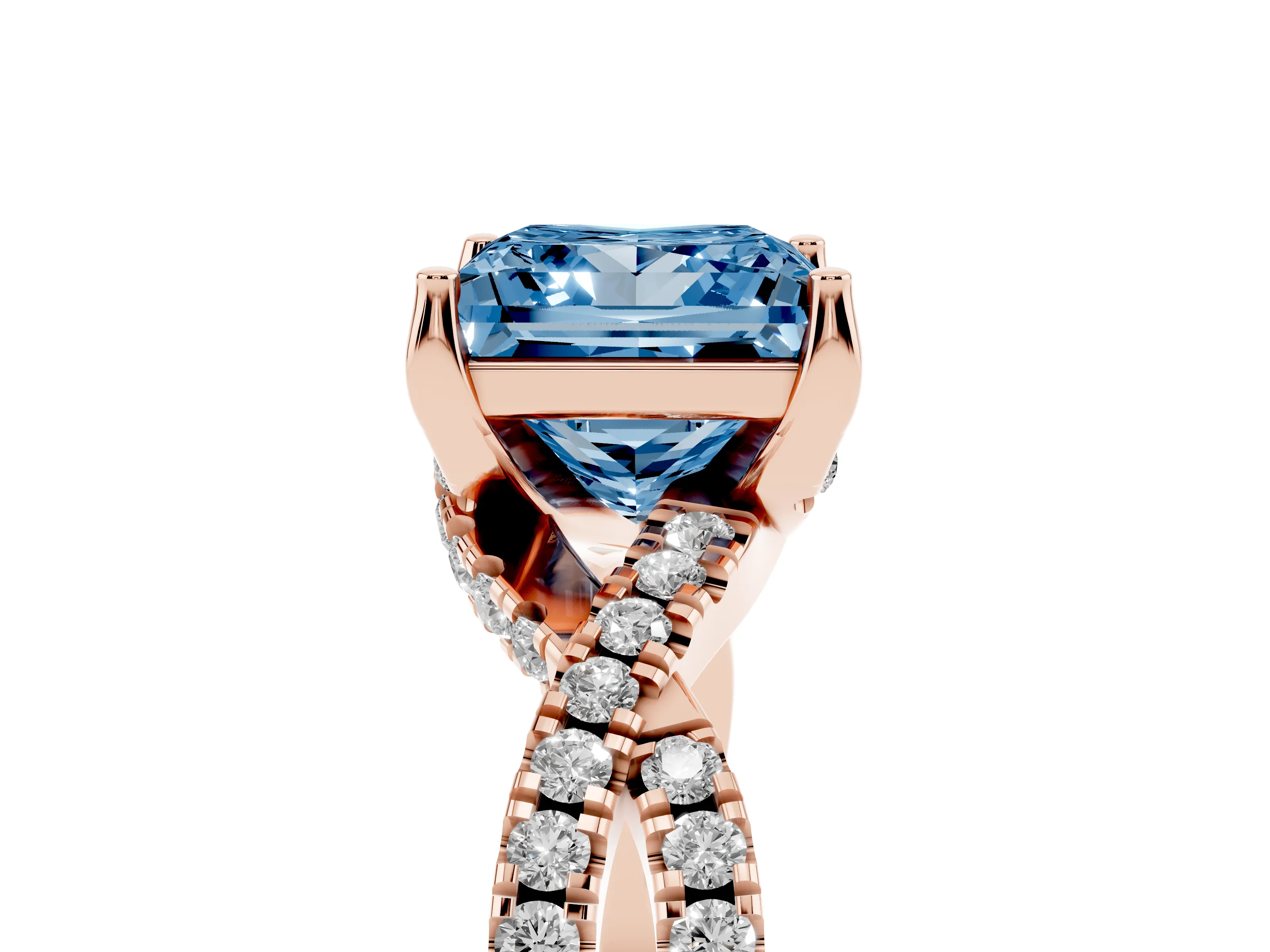 Fancy Blue Princess Cut Diamond Twist Pavé Solitaire Engagement Ring Set in Rose gold with Prong Setting