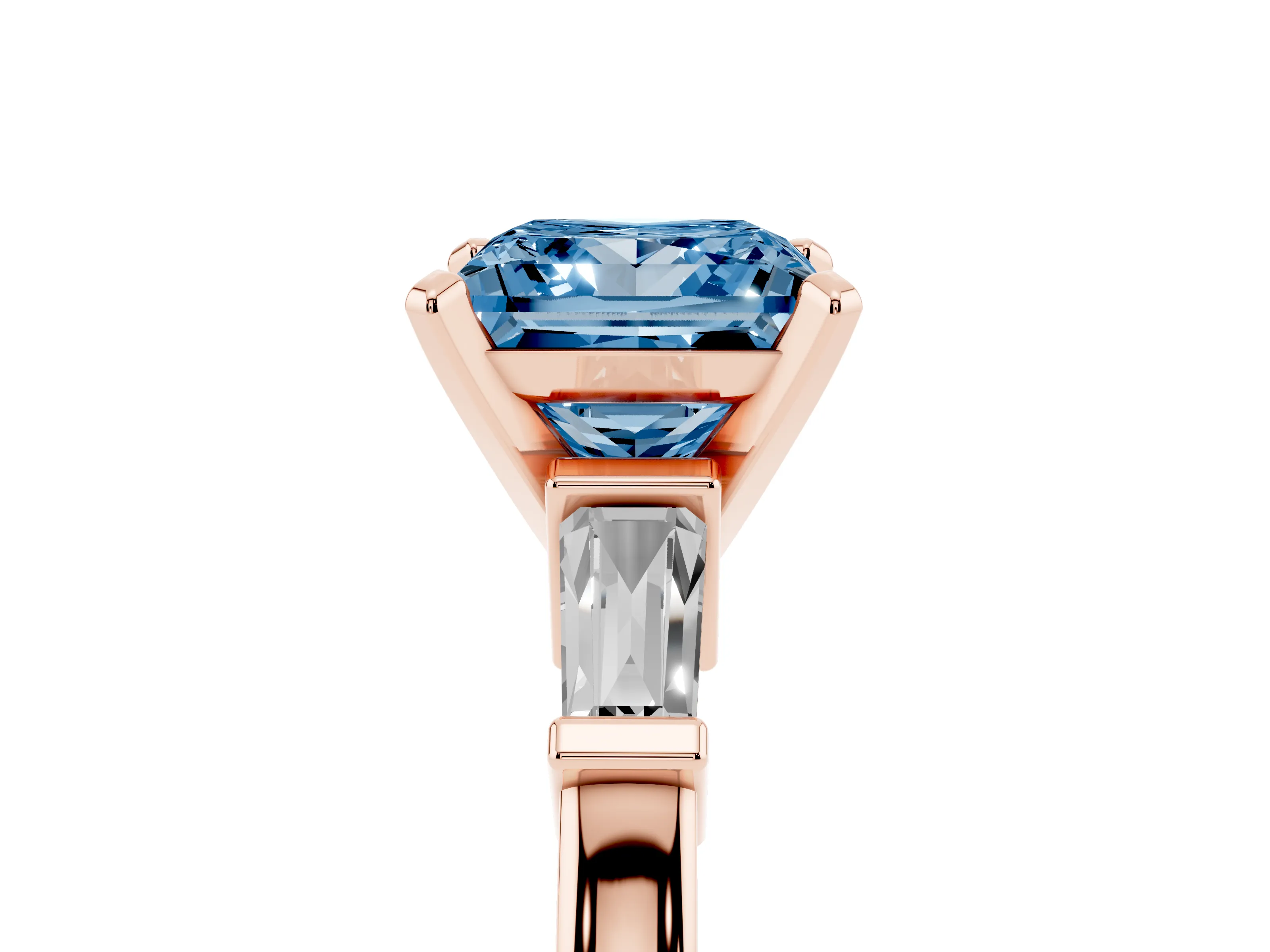 Fancy Blue Princess Cut Diamond Solitaire Ring Set in Rose gold with Tapered Baguette Accents and Prong Setting