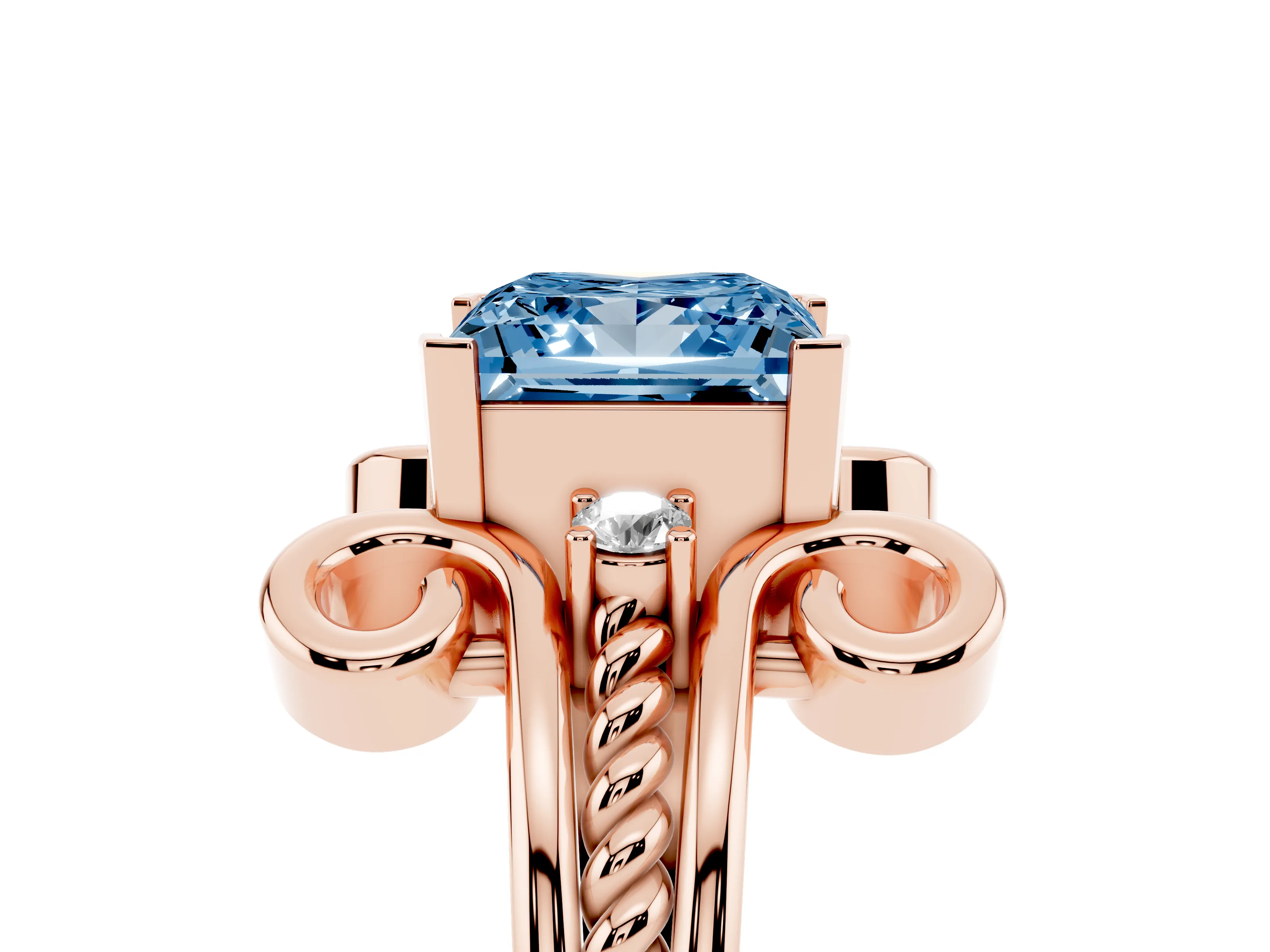 Fancy Blue Princess Cut Diamond Twisted Band Solitaire Ring Set in Rose gold with Scroll Prongs